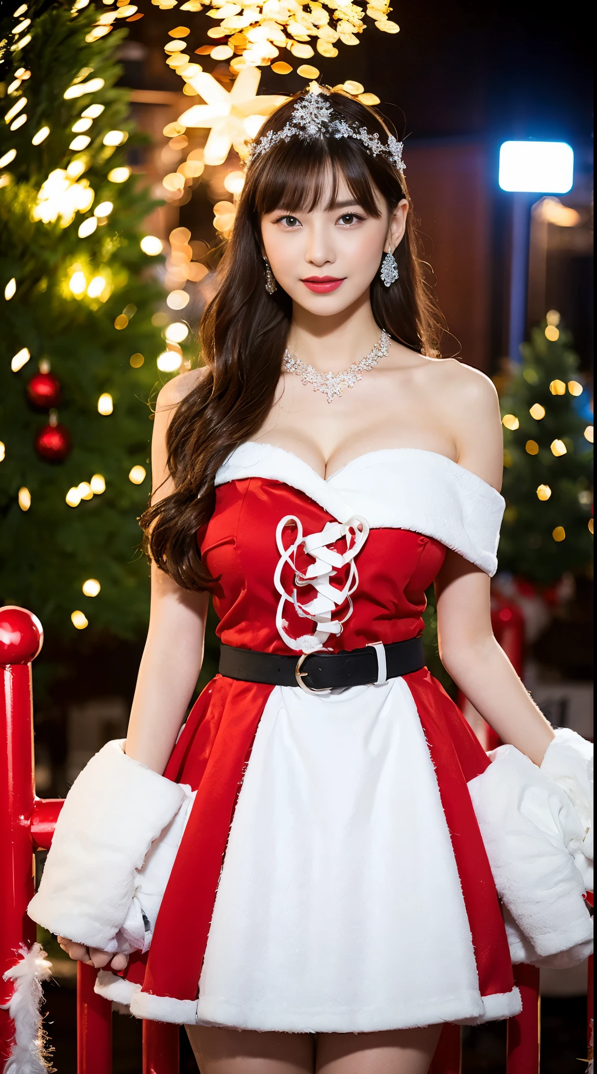 BREAK (White and Red theme:1.5), ((Colossal tits:1.4))((large boob:1.4))((elegant style, Gorgeous):1.2), ((red princess dress with white fluffy fur, red hoop skirt):1.4), (Snowflake symbol print on dress:1.4), ((Strapless, Bare shoulders):1.3), (very precise embroidery:1.3), (fluffy fur:1.3), (necklace made of countless gemstones:1.2), (high-heels:1.1),((The background is a Christmas night city:1.4))((Christmas tree:1.4))
