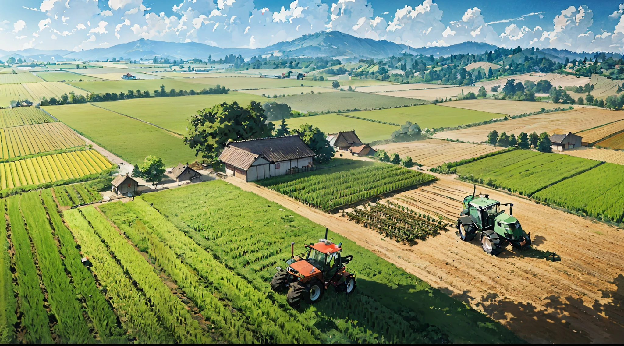 Lots of beautiful farms and countryside atmosphere, (shadows), (shinies), farming tools, rice fields, tractors