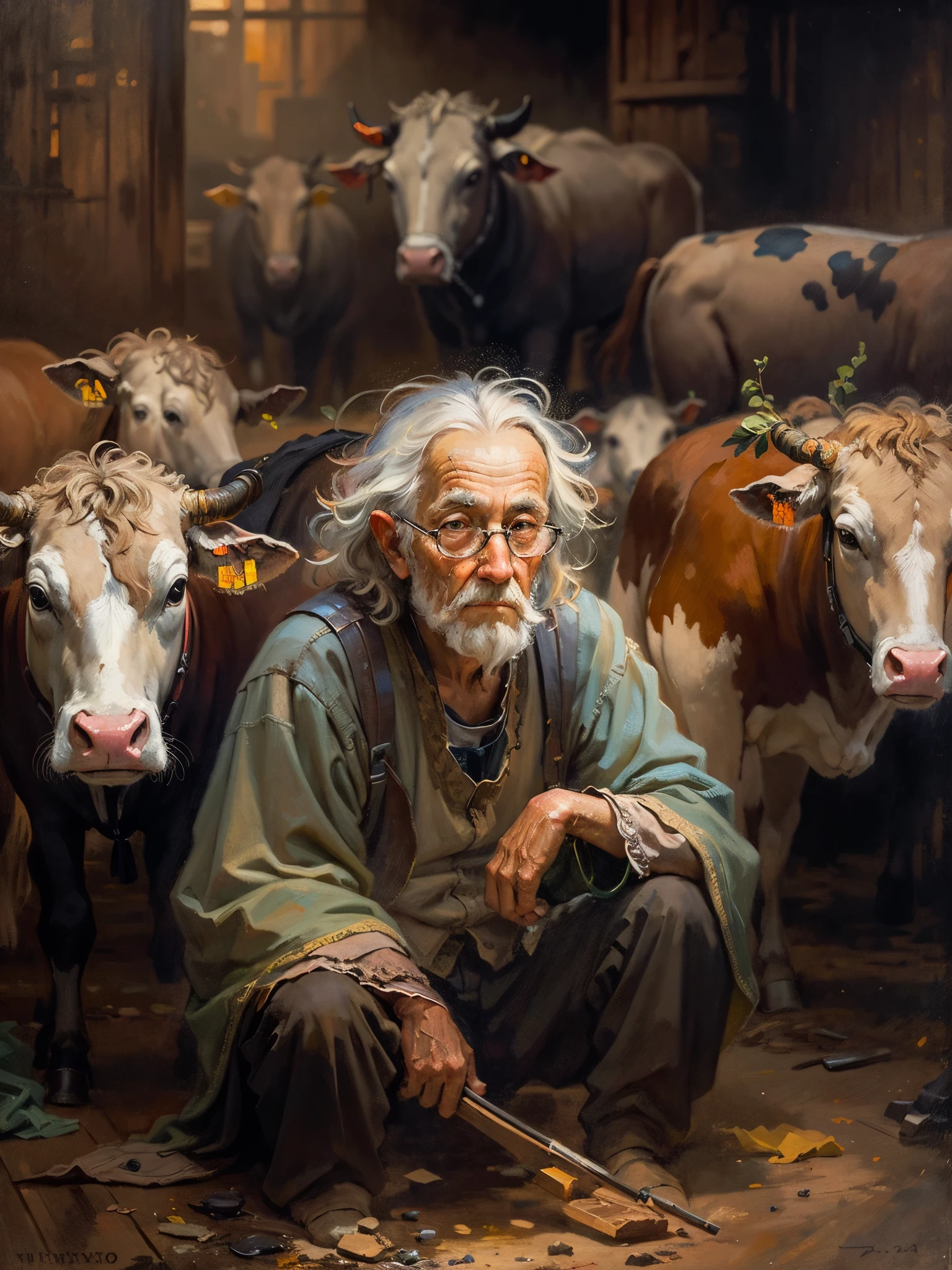 an oil painting，da vinci art style。old man among cows, messy  hair，Guviz-style artwork,，Artistic creativity:1.37,Sweet，Wonderful and magical，Exquisite，Natural soft light，Lonely eyes，