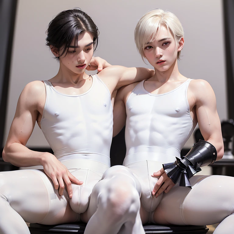 (masterpiece, 2boys, weak androgynous males, chess ballet, checkmate, white lost, black pawn takes white king, ballet tights, male crotch bulge, buttocks:1.35)