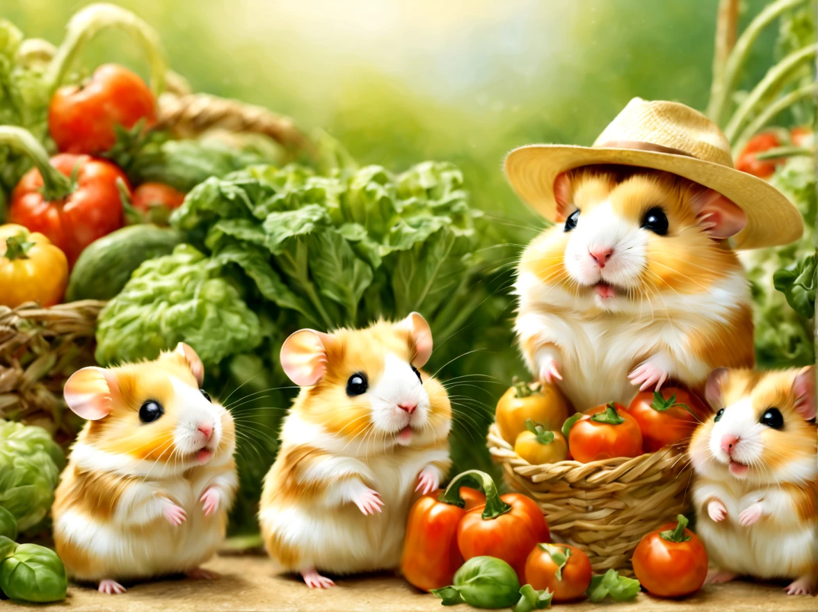 (働くhamstermer),農作業をするhamster,Background of the field,Farm Management Gadget,a straw fedora hat,Growing vegetables,crops are piled up,agriculture,fieldwork,​masterpiece,top-quality,,Chibi,cute little,,A delightful,tre anatomically correct,The cutest hamster,,hamster,,Fantasia,randolph caldecott style,illustratio,watercolor paiting