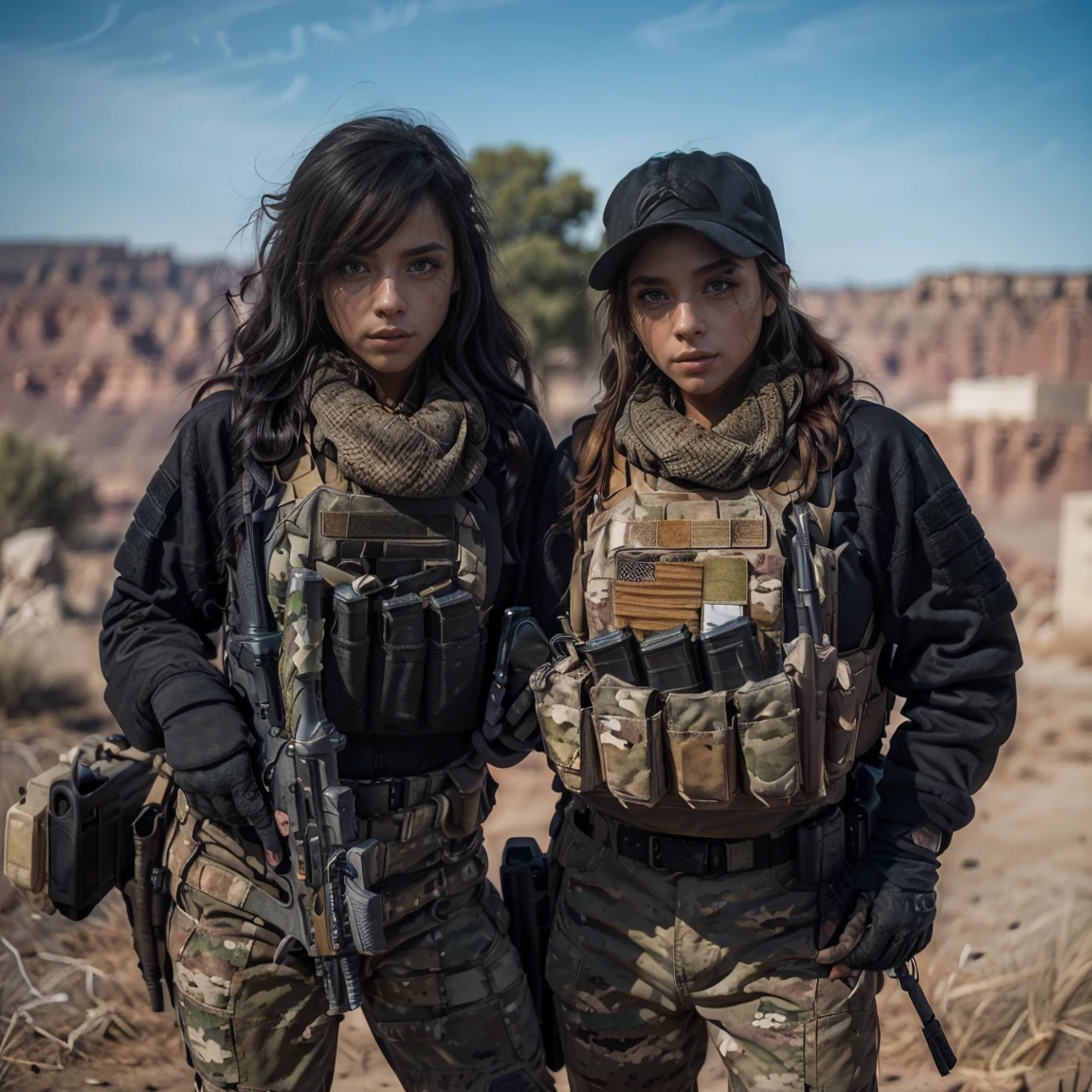 two attractive young brunnet, tech wear, Tactical attrition, Tacticool, masterpiece, Perfect full body shot, High definition and sharpness, Creative and expressive lighting, Vibrant and evocative colors, Detailed and surprising textures, Stunning eye details, Innovative and daring composition, Surprising and captivating perspective, Artistic fidelity and precision, Creative and effective approach, Well-controlled and expressive exposure, Surprising originality and creativity, Captivating emotionality and narrative, Creative use of light and shadows, Capture unique and surprising moments, Impeccable technical competence , Harmonious tonal balance, Meticulous care in every detail, Realistic and expressive portraits, Masterful use of color to create unique atmospheres, Impressive visual impact.((portrait shot)) Tacticool, a woman, (vest:1.2), military, 4k, high-res, masterpiece, best quality, (head:1.3), finely detailed skin, , two girls, baseball hats, combat sunglasses, small vest, tacticool vest, scarf, camo pants, sexy tigamo pants, sexy tight t, two sexy girls, hong m4a1 rifle, secondary gun on leg holster, sexy arm tatoos, ra realistic 4k eyes, ultra realistic 4k rough skin texture, Afghanistan, warfront, baseball hat, baseball hat with flag on it, hair coming out of hat, sexy wavy hair cominut of hat, longesleeve tacticool jacket rolled up, ultra and face, ((large breasts v1.3)), both gik different, both girls have different faces from each other, cleavage, baseball hat sittinghead, brightly colored tattoos, slightly dirty face, slightly dirty skin, bright red and blue tattoos, large waist, sexy waist, rough face texture, rough e skin texture, large breasts bending tacticool vest, black tacbaseball hat, large cleavage, bending over showing cleavage, raw phofull, long wavy hair, sexy smirg each other, bendingr showing cleavage
