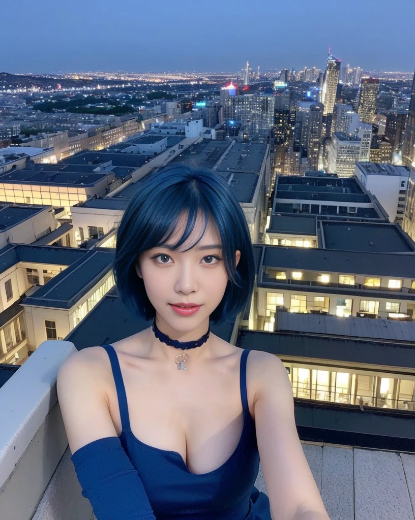 ((Midnight, Best quality, 8k, Masterpiece :1.3)), Sharp focus :1.2, A pretty woman with perfect figure :1.4, Slender abs :1.1, ((blue hair, medium breasts :1.2)), (short dress, choker, sitting:1.2), ((Night city view, Rooftop:1.3)), Highly detailed face and skin texture, Detailed eyes, Double eyelid, face close up, smile, Blue short hair, Asian girl with blue short hair