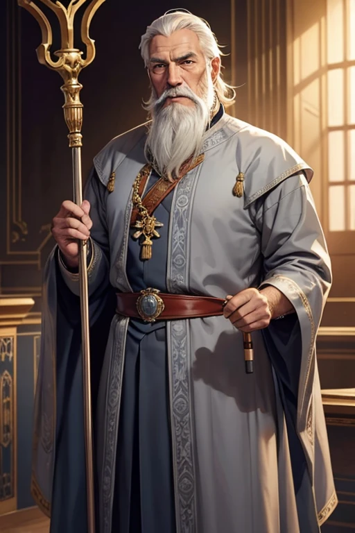 grandfather with staff, long gray beard, in royal clothes