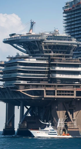 hyper-realistic offshore oil rig in the middle of the ocean, huge steel columns carrying structure, ships around the ocean, biophilic future mixed-use housing designed by Zaha Hadid and MAD architects, lightweight structure steel façade curves, wind turbines on top of the building, oil platform converted into housing, close up full-scale drone photography, octane rendering, hyperrealism, high resolution, rule of thirds, volumetric lighting, 8k