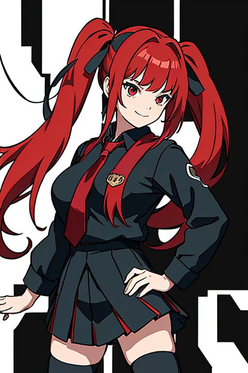 (masterpiece, best quality:1.2),illustration,8k,hd,1girl,cowboy shot,upper body,(portrait:1.2),smile,long_hair,red_eyes,ribbon,twintails,school_uniform,hair_ribbon,red_hair,serafuku,two_side_up,black_ribbon,pleated_skirt,large_breasts,long_sleeves,black_thighhighs,zettai_ryouiki,black_skirt,necktie,