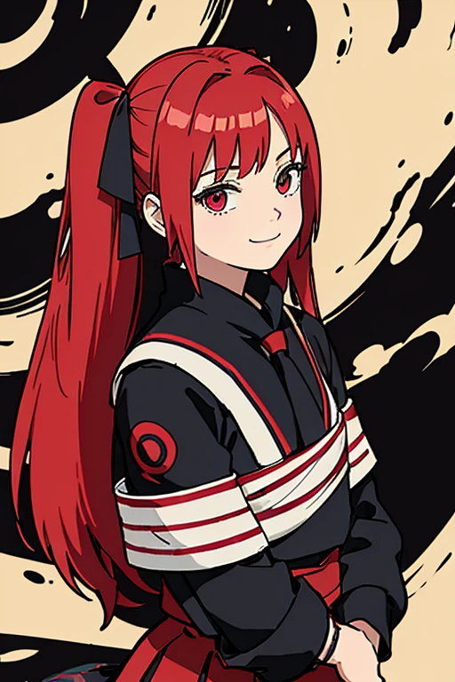 (masterpiece, best quality:1.2),illustration,8k,hd,1girl,cowboy shot,upper body,(portrait:1.2),smile,long_hair,red_eyes,ribbon,twintails,school_uniform,hair_ribbon,red_hair,serafuku,two_side_up,black_ribbon,pleated_skirt,large_breasts,long_sleeves,black_thighhighs,zettai_ryouiki,black_skirt,necktie,