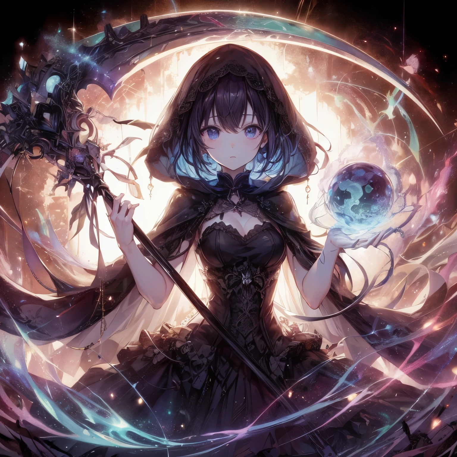 Masterpiece、hight resolution、A vortex of light like a science fiction movie、Japanese gothic lolita girl with shinigami's sickle、Delicate and precise writing、animesque、illustratio