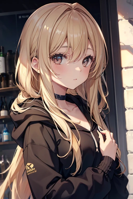 A Beautiful Young Woman with sun dappled skin Dirty Blonde hair and Deep Brown eyes wearing a black hoodie