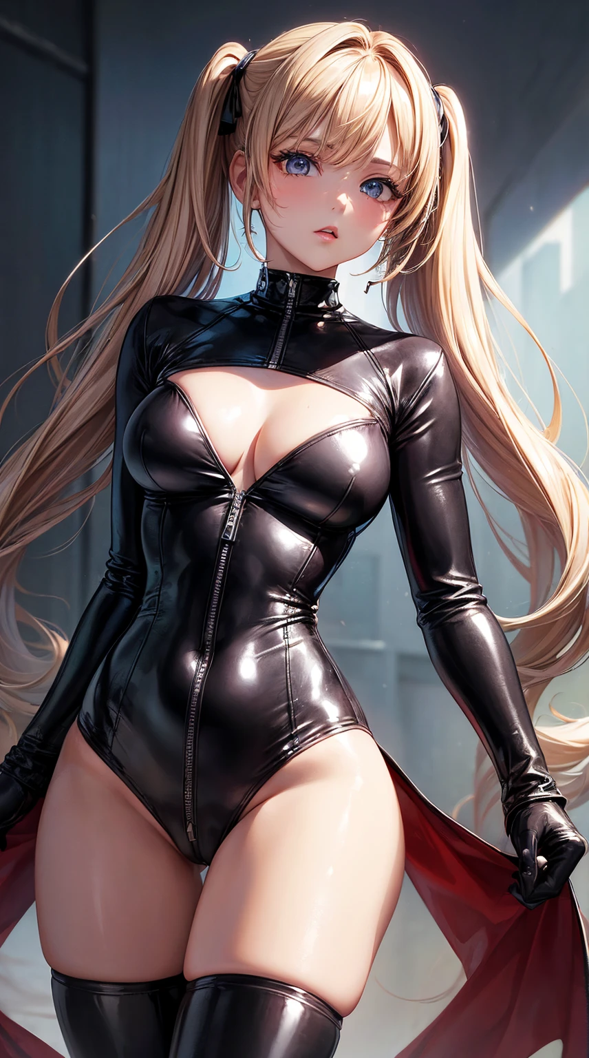 (tmasterpiece, quality, Best quality at best, offcial art, Beautiful and beautiful:1.2)pigtails，One-piece leather coat，tightsuit，large tities，Glossy，The details were perfect，Fleshy thighs，sexyposture，Enchanted look