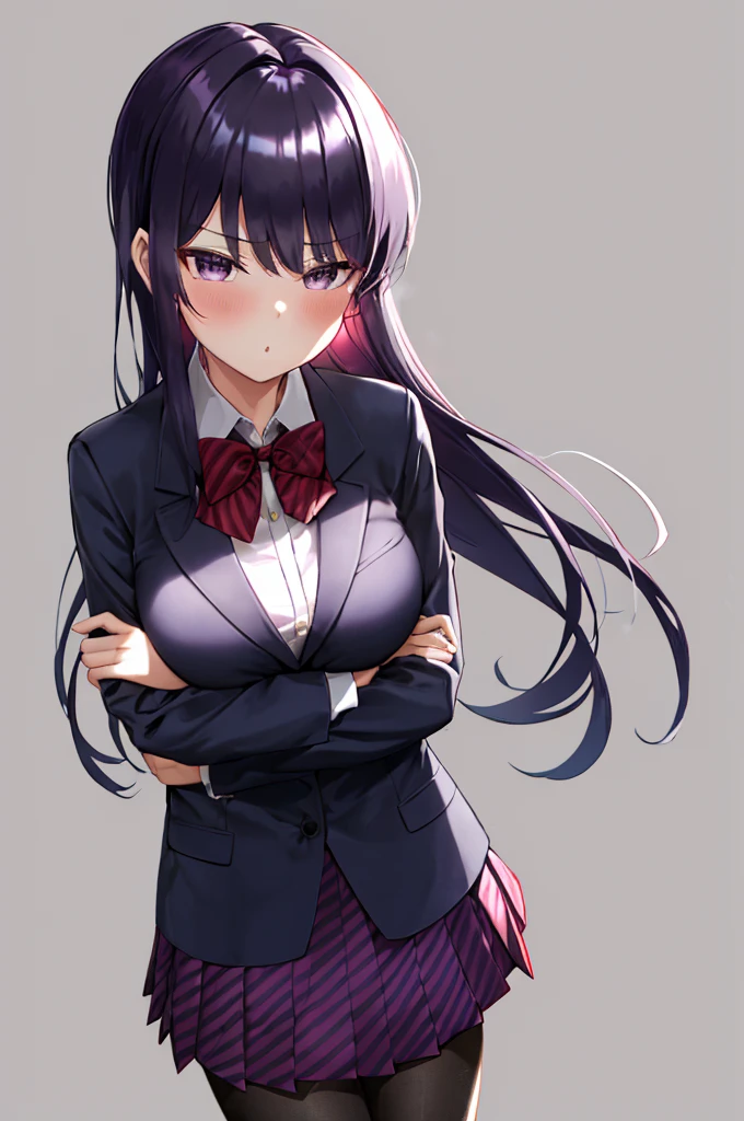 Komei Shoko, 1 girl, Bangs, black pantyhose, suit, blue jacket, blush, bow, bowtie, breast, Keep your mouth shut, collared shirt, committee, cowboy shooting, diagonal-striped skirt, Poker face, gray background, high resolution, jacket, (komi-san wa komyushou desu), long hair, looking at the audience, medium breast, pantyhose, pleated skirt, purple eyes, purple hair, red bow, red bowtie, red skirt, Uniforms, shirt, skirt, solo, striped, striped bow, striped bowtie, striped skirt, swept Bangs, white shirt