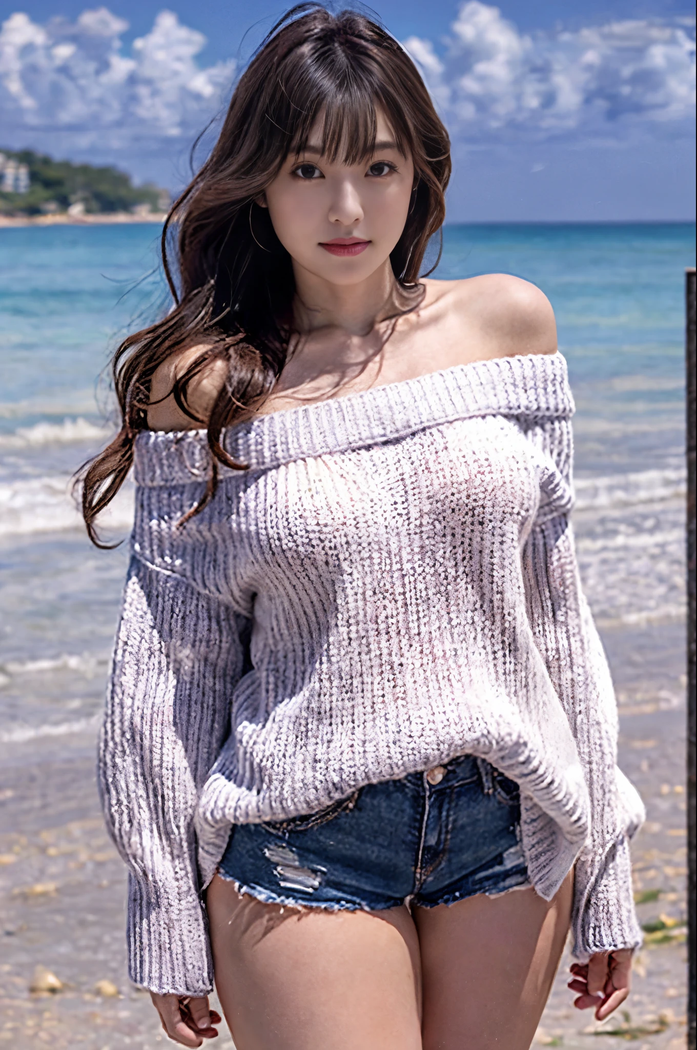UHD, 8K, lady, posing seductively to viewer, solo:1, pov, beautiful thick thighs, Beach background, long hair, 3/4 body, Off shoulder slip sweater mini hot shorts