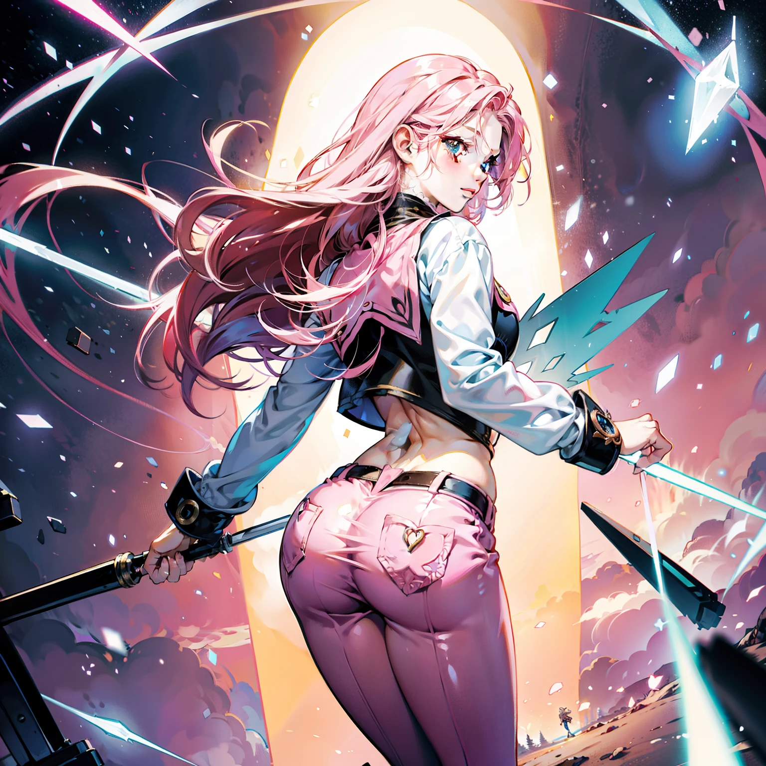 Pink hair,lassen,quadratic element, BRAEK,Cocked buttocks,On your stomach,Open legs,back to look back,BRAEK,magical girl,Indecent expressions, detailed face