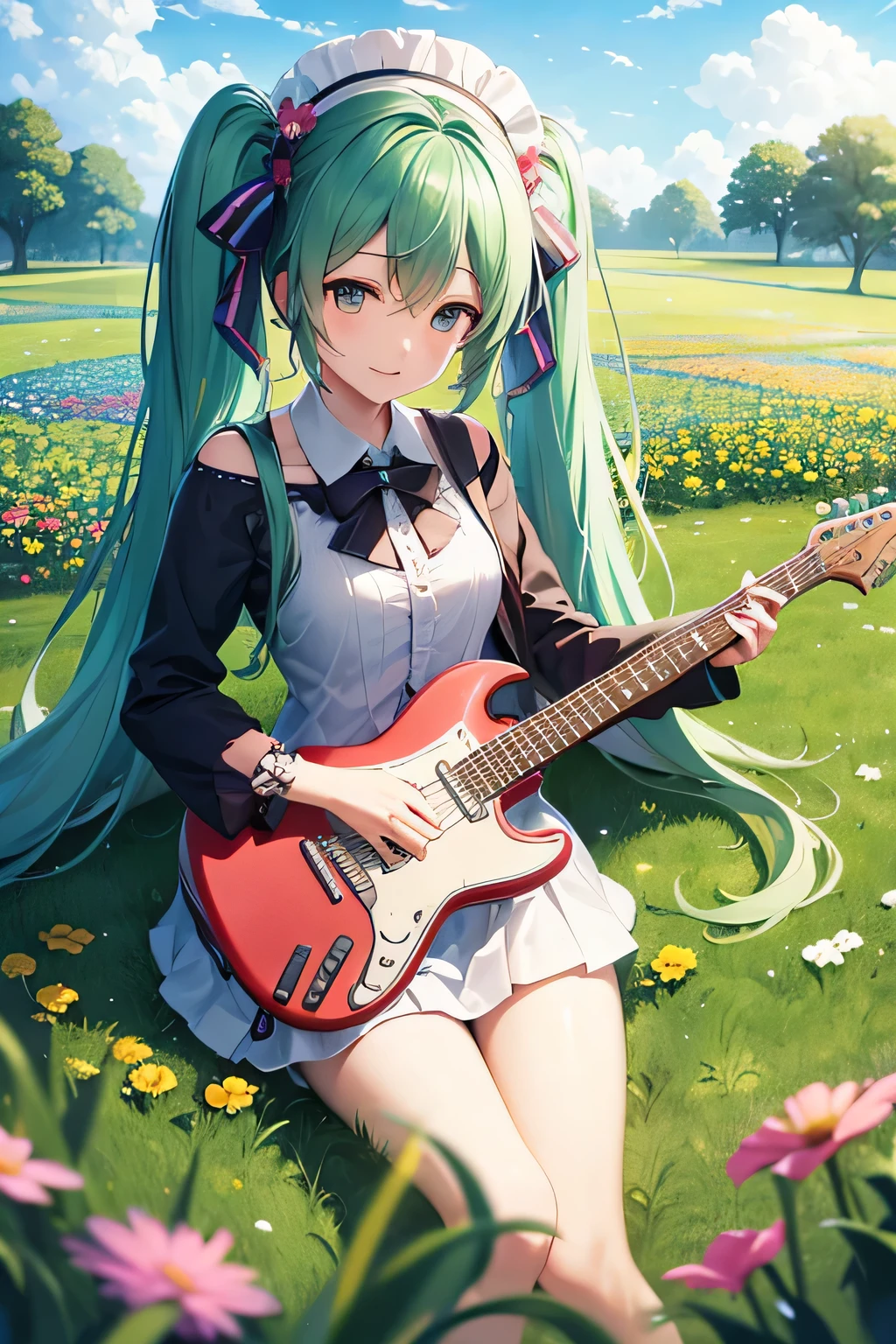 CG image of Hatsune Miku playing guitar on a meadow full of flowers