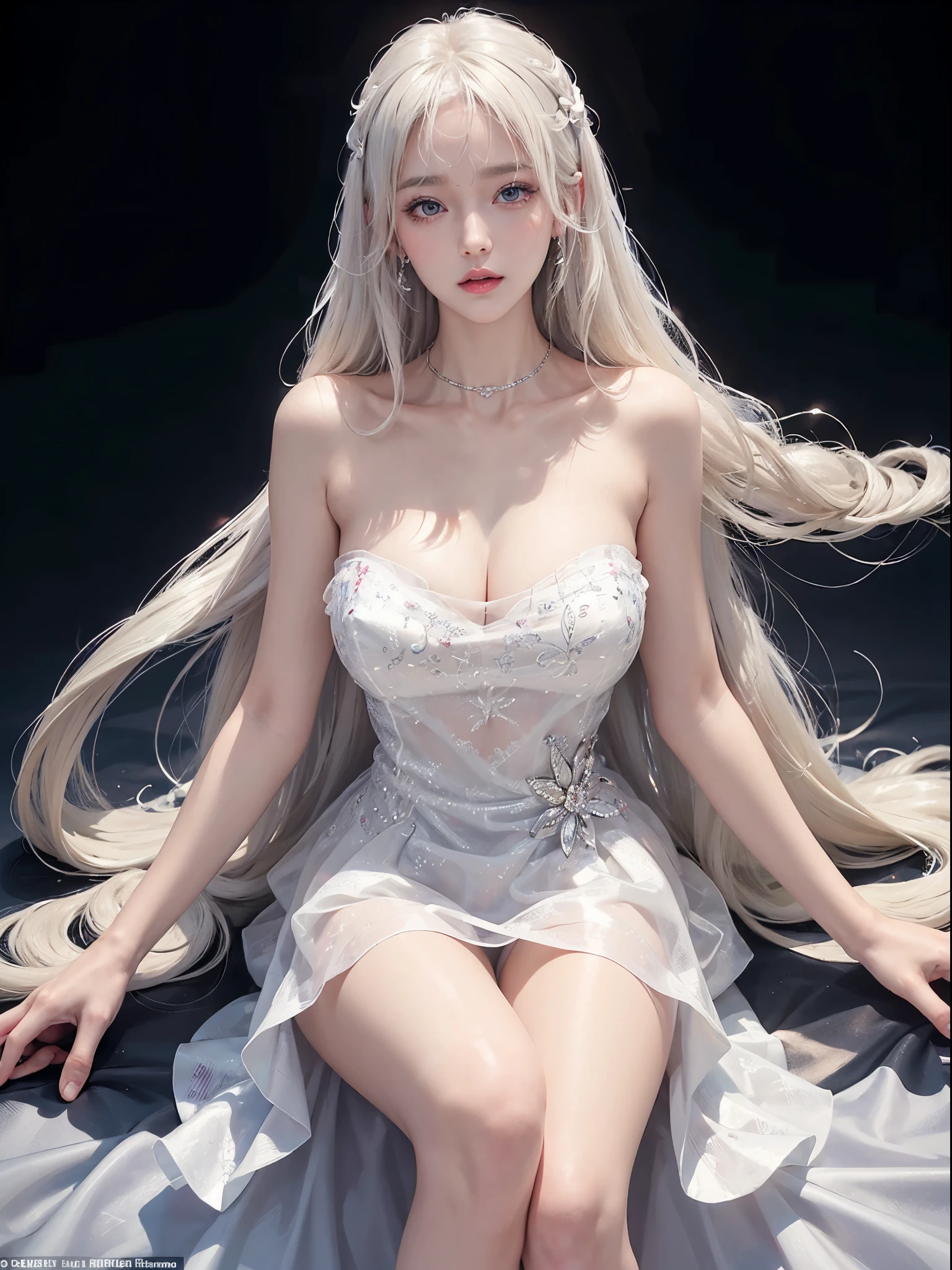Sweet girl clothes4,strapless dress,jewelry,, Platinum blonde fine hair、Super long silky straight hair、Big eyes with bangs and eyeliner、Nordic youth、perfect body figure、A plump chest、cleavage、Very beautiful and lovely、White muscle、Glowing and radiant skin、Young and beautiful skin、Perfect and beautiful little face、Shiny makeup、Thin pink lip gloss expression、girl、lipsticks、Deceptive advertising、{Steaming}、Audience point of view、A perspective on lightokeh atmosphere during prime time、Detailed film light、Complicated details、A high resolution、 Detailed features of the facial design、high detal、Clear focus、Smoothness、aesthetics、print、Octane renderer、{{tmasterpiece}}