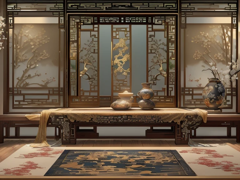 (Antique interior design), Manhwa Style,Chinese home furnishings, porch, Depth-of-fie, symmetrical design, ((Antique carved door beam, carved beam paintings, ,embroidery, screens, gold gauze curtain home, rich details, Ancient Chinese Ming Dynasty style, Quiet and elegant atmosphere, Gold tone as the base, The painting style is delicate and soft, movie light effect, high-definition picture quality, softlighting, dingdall effect, dream-like, rich details, Refer to Gu Kaizhi, 32K, high qulity, A high resolution, (Very detailed CG unified 8k wallpaper)