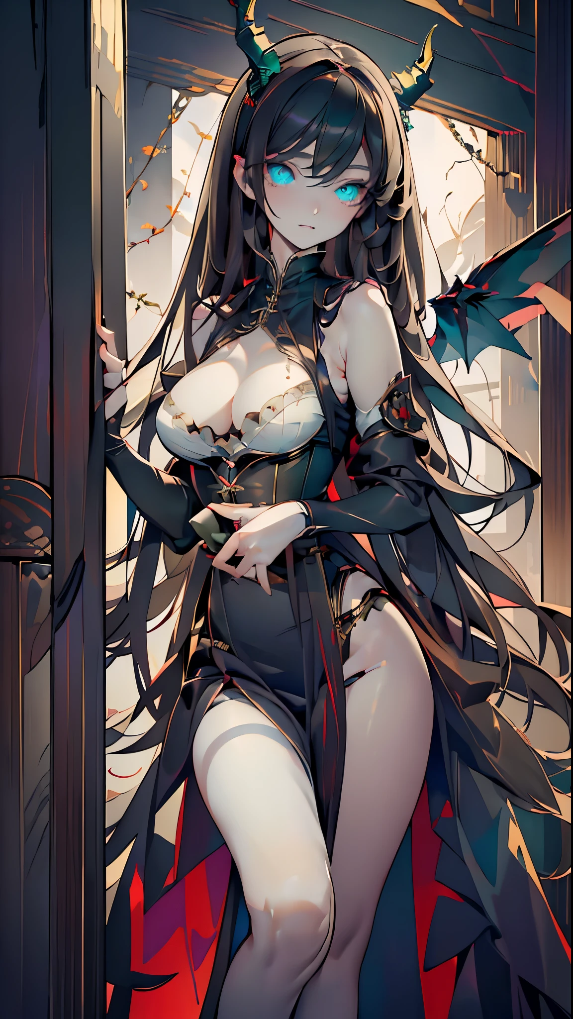 (((Perfect eyes))), ((Perfect limbs))), ((Perfect feature))),Realistic masterpiece of a demon girl with long brown hair ,  a corset, horns, black wings, cat eyes, and perfect green eyes in a dark environment.