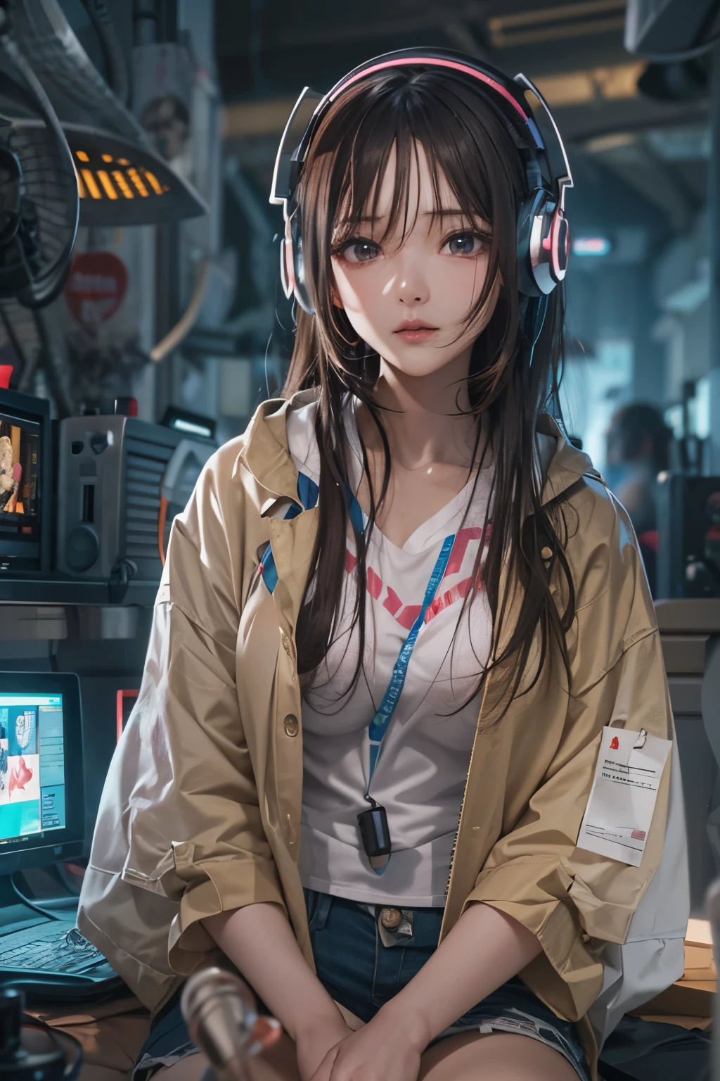 masterpiece, 1 beautiful girl, Detailed eye, Swollen eyes, top-quality, 超A high resolution, (reality: 1.4), 电影灯光, japanes, a asian beauty, very extremely beautiful, Beautiful skins, A slender, Forward-facing body, (A hyper-realistic), (hight resolution), (8K), (ighly detailed), ( Best Illustration), (beautifully detailed eyes), (ultra-detailliert), 详细的脸, Bright lighting, Professional Lighting、The background is a cyberpunk room with a large number of monitors.....、The cord is connected from the costume、Long Hair Color Pink、headset on head、Female Game Commentator、gazing at viewer