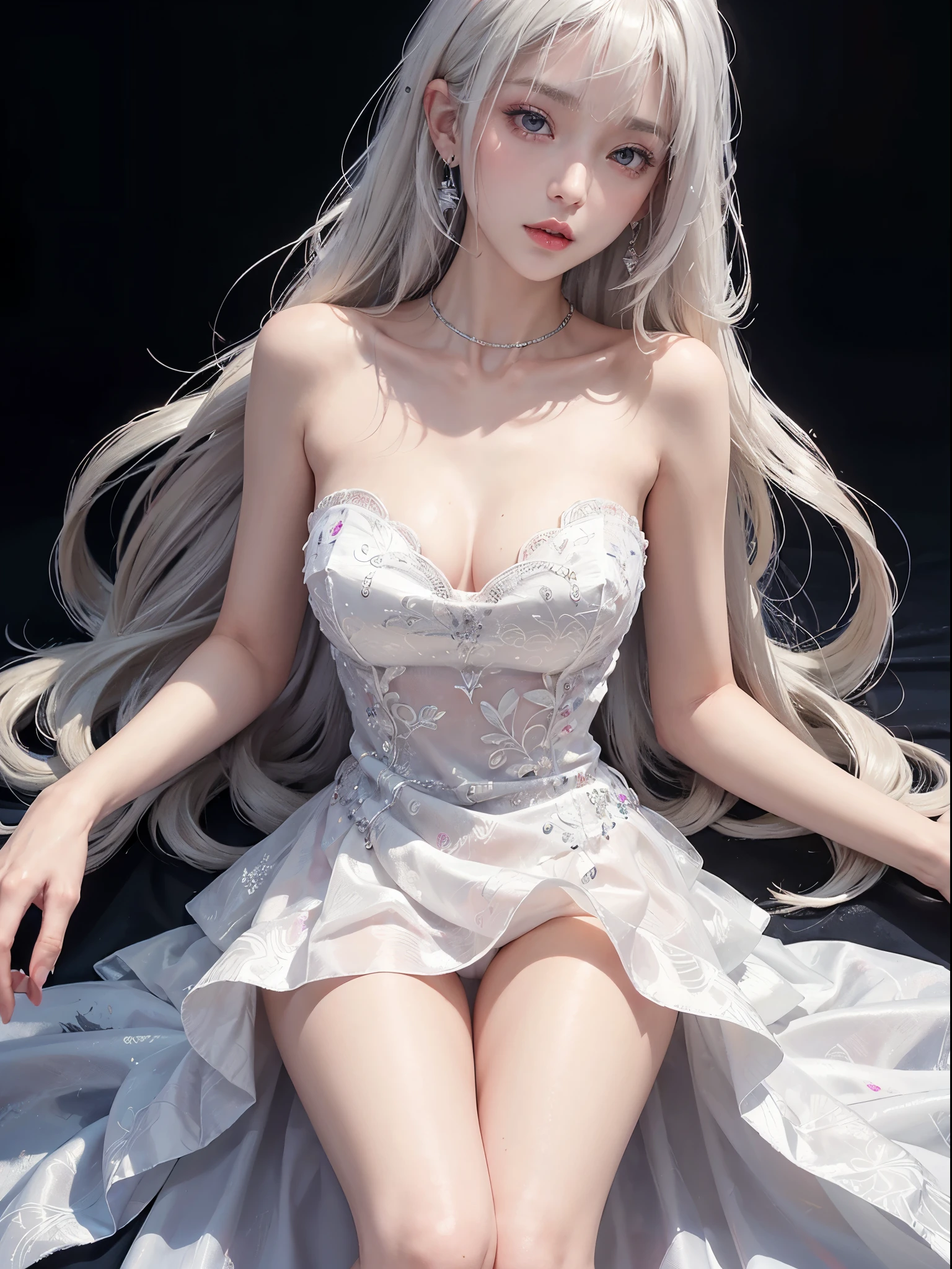 Sweet girl clothes4,strapless dress,jewelry,, Platinum blonde fine hair、Super long silky straight hair、Big eyes with bangs and eyeliner、Nordic youth、perfect body figure、A plump chest、cleavage、Very beautiful and lovely、White muscle、Glowing and radiant skin、Young and beautiful skin、Perfect and beautiful little face、Shiny makeup、Thin pink lip gloss expression、girl、lipsticks、Deceptive advertising、{Steaming}、Audience point of view、A perspective on lightokeh atmosphere during prime time、Detailed film light、Complicated details、A high resolution、 Detailed features of the facial design、high detal、Clear focus、Smoothness、aesthetics、print、Octane renderer、{{tmasterpiece}}