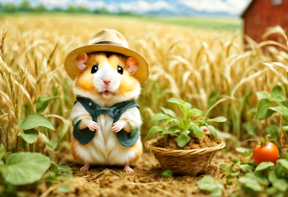 (働くhamstermer),農作業をするhamster,Background of the field,Farm Management Gadget,a straw fedora hat,Growing vegetables,crops are piled up,agriculture,fieldwork,​masterpiece,top-quality,,Chibi,cute little,,A delightful,tre anatomically correct,The cutest hamster,,hamster,,Fantasia,randolph caldecott style,illustratio,watercolor paiting