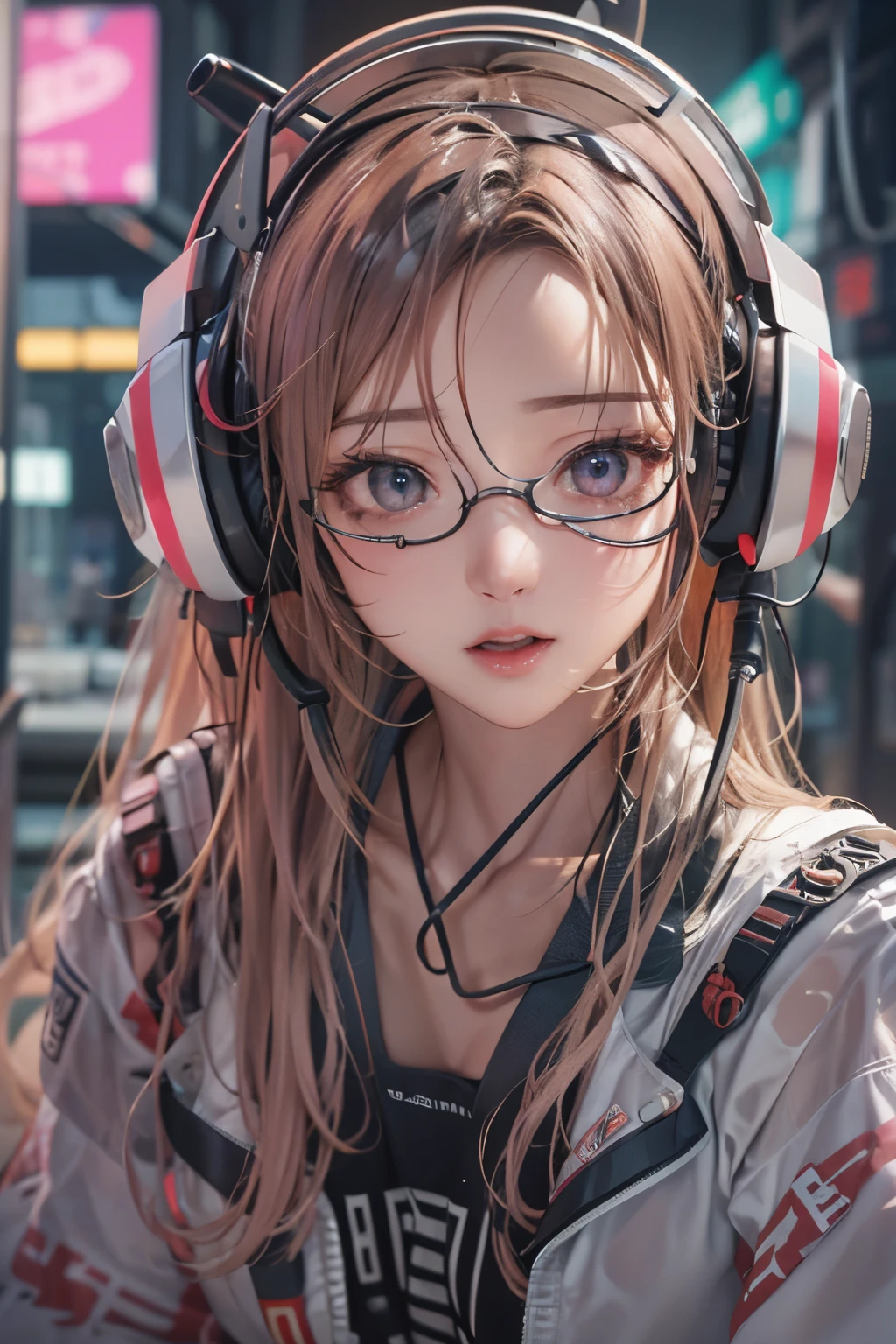 masterpiece, 1 beautiful girl, Detailed eye, Swollen eyes, top-quality, 超A high resolution, (reality: 1.4), 电影灯光, japanes, a asian beauty, very extremely beautiful, Beautiful skins, A slender, Forward-facing body, (A hyper-realistic), (hight resolution), (8K), (ighly detailed), ( Best Illustration), (beautifully detailed eyes), (ultra-detailliert), 详细的脸, Bright lighting, Professional Lighting、The background is a cyberpunk room with a large number of monitors.....、The cord is connected from the costume、Long Hair Color Pink、headset on head、Female Game Commentator、gazing at viewer