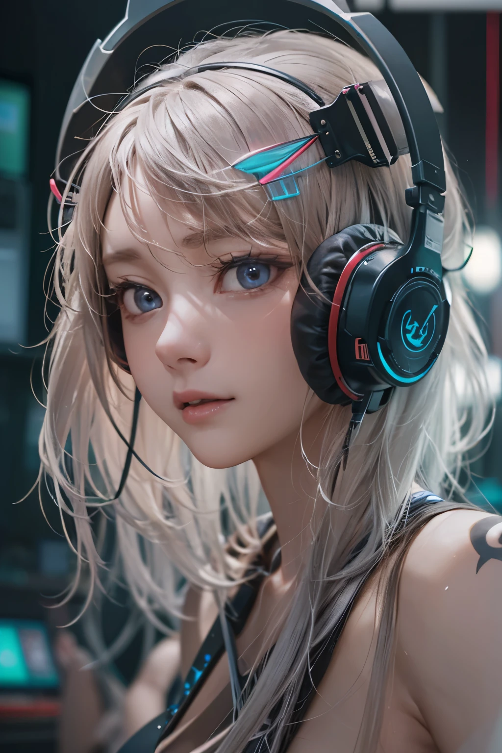 ​masterpiece, 1 beautiful girl, Detailed eye, Swollen eyes, top-quality, 超A high resolution, (reality: 1.4), 电影灯光, japanes, a asian beauty, very extremely beautiful, Beautiful skins, A slender, Forward-facing body, (A hyper-realistic), (hight resolution), (8K), (ighly detailed), ( Best Illustration), (beautifully detailed eyes), (ultra-detailliert), 详细的脸, Bright lighting, Professional Lighting、The background is a cyberpunk room with a large number of monitors.....、The cord is connected from the costume、Long Hair Color Pink、headset on head、Female Game Commentator、gazing at viewer