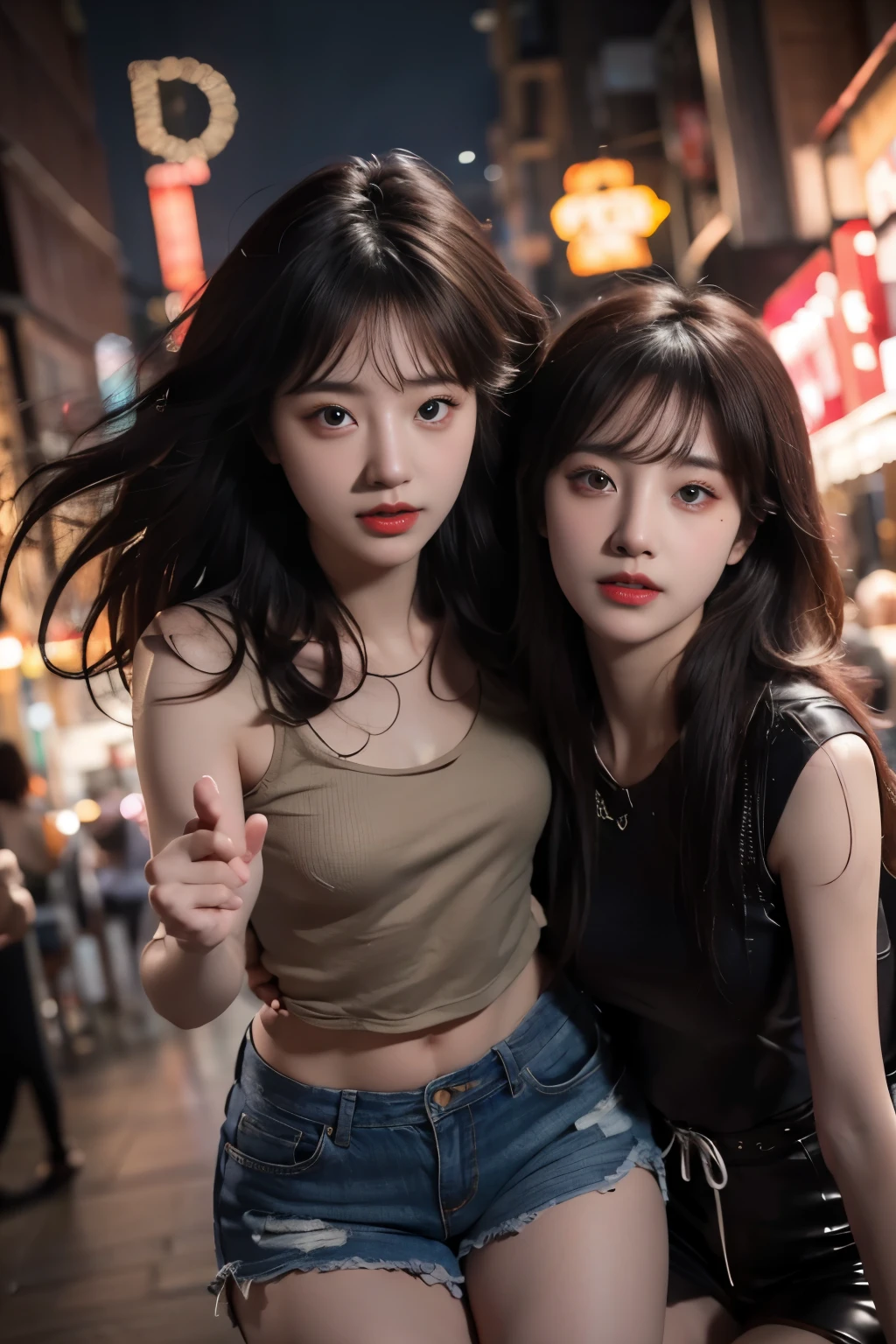 All faces must be different,super big eyes,POV, by lee jeffries, nikon d850, film stock photograph ,4 kodak portra 400 ,camera f1.6 lens ,rich colors ,hyper realistic ,lifelike texture, dramatic lighting , cinestill 800,two girls,super big eyes,beautiful faces,sisterhood,dynamic pose, photoreal fantasy art game art,