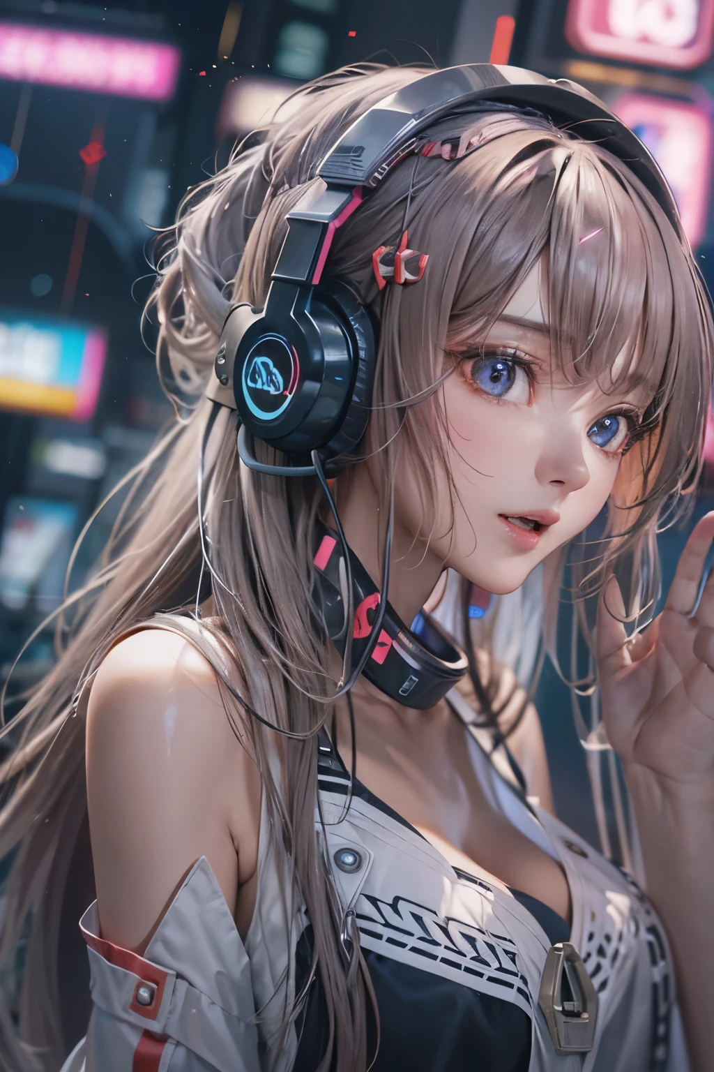 masterpiece, 1 beautiful girl, Detailed eye, Swollen eyes, top-quality, 超A high resolution, (reality: 1.4), 电影灯光, japanes, a asian beauty, very extremely beautiful, Beautiful skins, A slender, Forward-facing body, (A hyper-realistic), (hight resolution), (8K), (ighly detailed), ( Best Illustration), (beautifully detailed eyes), (ultra-detailliert), 详细的脸, Bright lighting, Professional Lighting、The background is a cyberpunk room with a large number of monitors.....、The cord is connected from the costume、Long Hair Color Pink、headset on head、Female Game Commentator、gazing at viewer