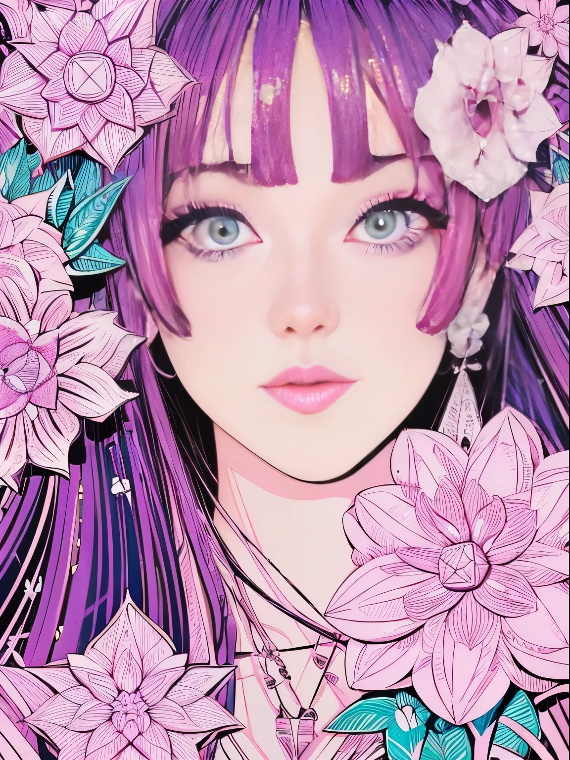 (ultra-Detailed background, Detailed background), absurderes, hight resolution, ultra-detailliert, ighly detailed, 1girl in, Yae Miko, Pink hair, Purple eyes, (Bunch of flowers:1.3), (Zentangle:1.2), (Geometric:1.2),(Colorful),