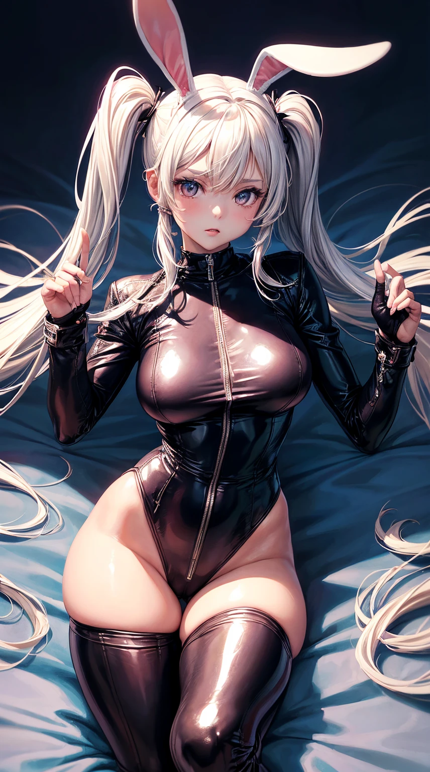 (tmasterpiece, quality, Best quality at best, offcial art, Beautiful and beautiful:1.2)pigtails,Rabbit ears,One-piece leather coat,tightsuit,big tits,Glossy,The details were perfect,Fleshy thighs,sexyposture,Enchanted look,Beds