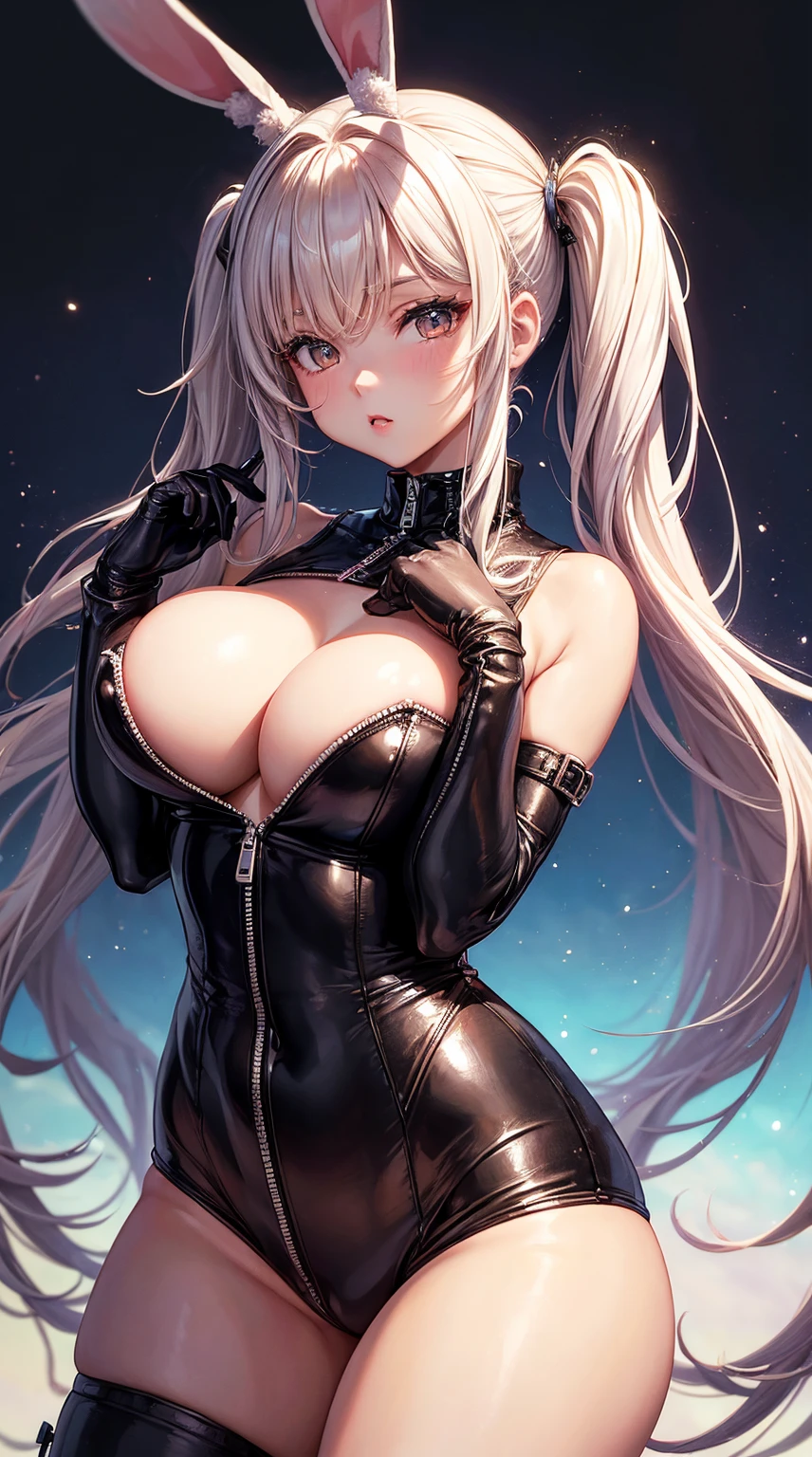 (tmasterpiece, quality, Best quality at best, offcial art, Beautiful and beautiful:1.2)pigtails，Rabbit ears，One-piece leather coat，tightsuit，big tits，Glossy，The details were perfect，Fleshy thighs，sexyposture，Enchanted look，Beds，