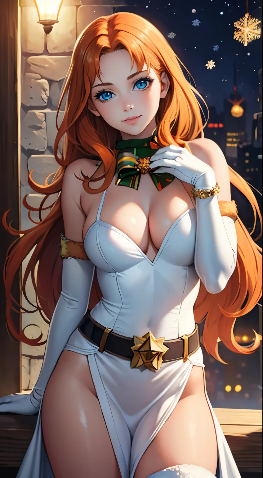 1girl, solo, masterpiece, best quality, high res, highly detailed, (illustration), beautiful detailed eyes, annette_wari, orange hair , long hair,blue eyes ,glossy lips, light makeup, light smile, long white satin elbow gloves ,cowboy shot, (santa)