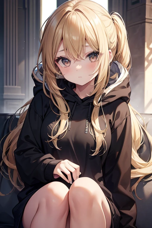 A Beautiful Young Woman with sun dappled skin Dirty Blonde hair and Deep Brown eyes wearing a black hoodie