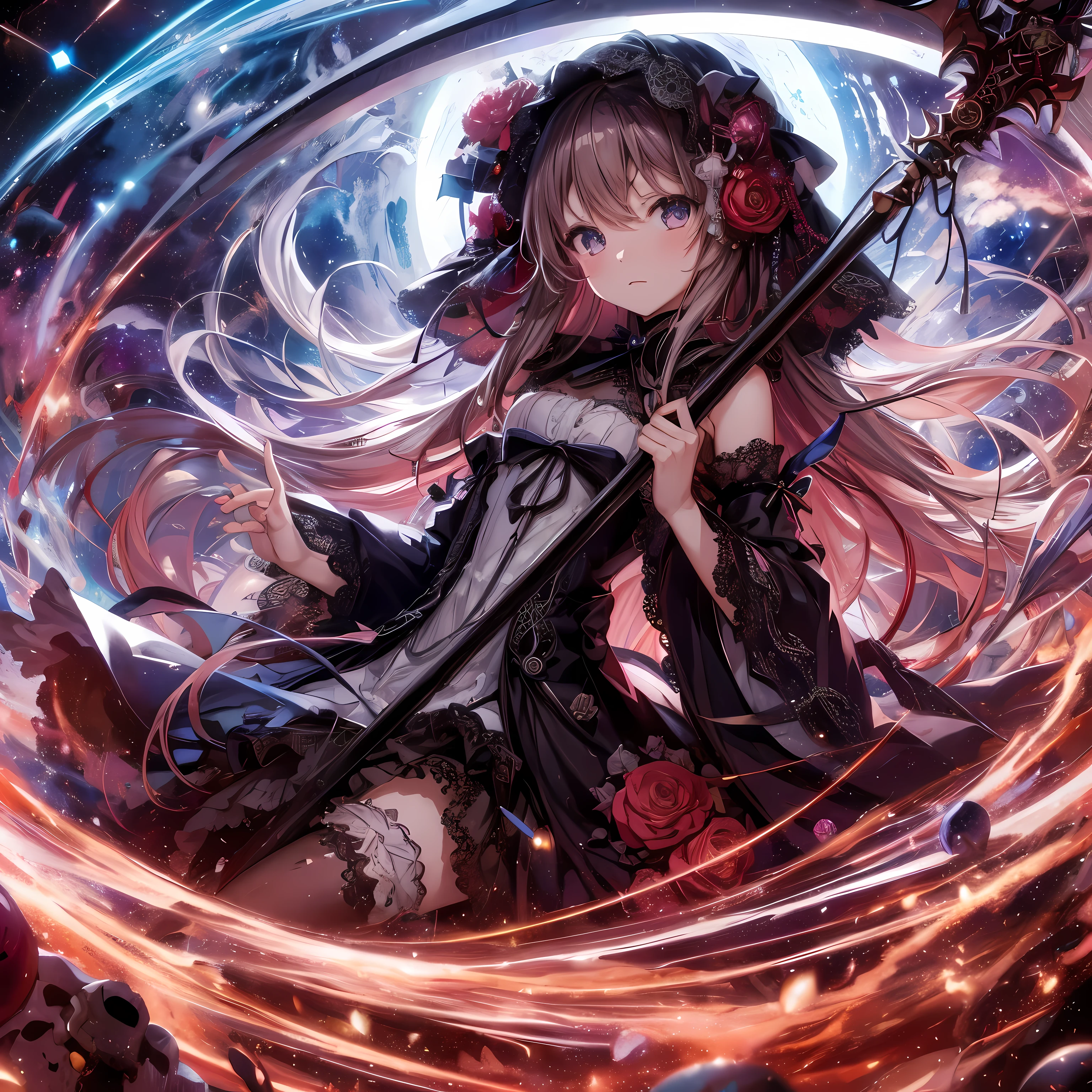 masutepiece、hight resolution、A vortex of light like a science fiction movie、Grim Reaper and Japanese Gothic ta Girl'the scythe、Delicate and accurate writing、animesque、illustratio