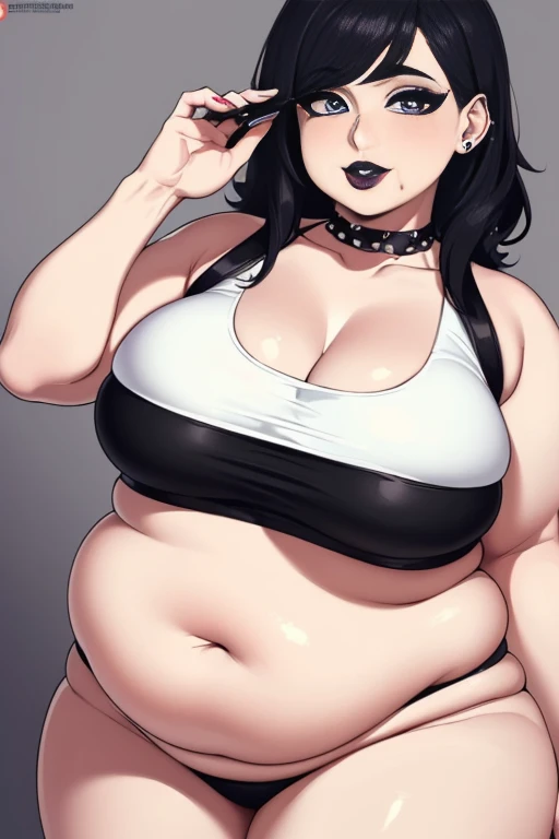 (Masterpiece, Best Quality, High Quality:1.4), (professional artwork, extremely detailed girl:1.0), 8k, detailed eyes, perfect face, 2girl, (voluptuous, mature female, plump, large lips:1.2), wide hips, thick thighs, heavy makeup, bottom heavy:1.4), (skindentation, long eyelashes, dark eyeshadow, looking at viewer, bright eyes, close up, fat, obese, big belly, huge belly, sagging breasts, sagging belly, lustful, bloated belly, wobbling belly, ((goth girl)), black hair, black lipstick, naval piercing