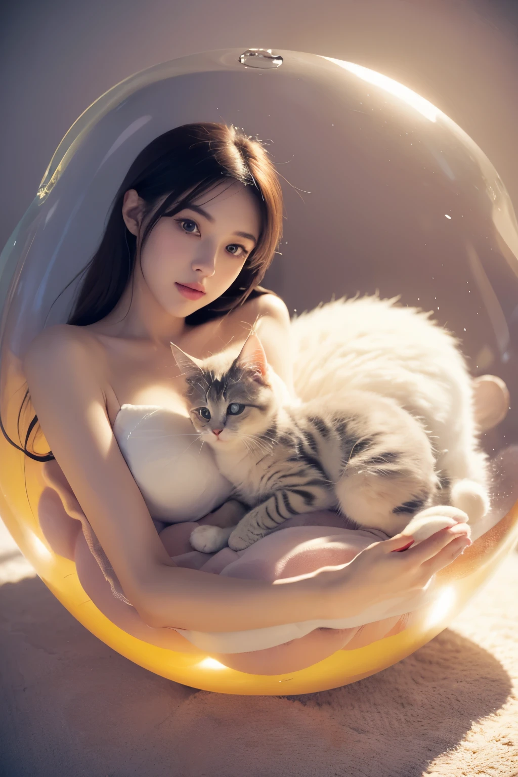 Make a painting,Cute kitten lying in a big bubble,Lovely and gentle,style of anime,Warm tones,at centre,facing at camera,unreal-engine,Marshmallow texture,Ray trachinechanism details,The texture is delicate,8K,hyper HD,ultra-wide-angle,Extreme clarity,dingdall effect
