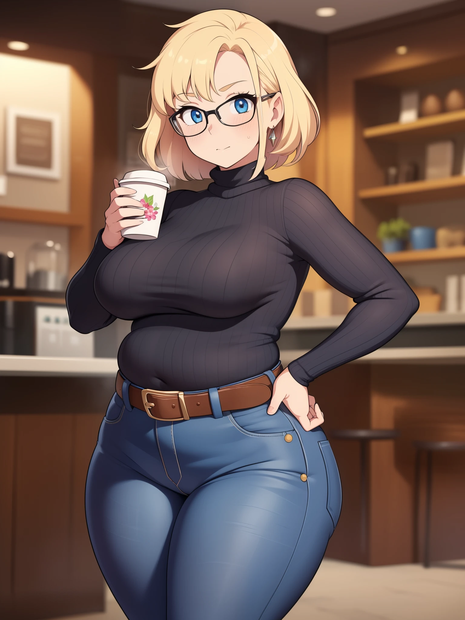 ((Masterpiece)), perfect anatomy, perfect shading, field of depth, (best quality), extremely delicate and beautiful, perfect lighting, detailed face, ultra cute face, cute, (cowboy shot 1.2), full body, (((1girl))), ((solo)), looking at viewer,

short hair, fluffy hair, blonde hair, blue eyes, Glasses, ((blush)), shy, nervous, embarrassed, (black turtleneck sweater 1.5), (jeans 1.2), belt, extremely tight clothes, medium breasts, ((wide hips)), ((thick thighs)), ((chubby)), belly bulge, belly hang, fat folds

coffee shop, intricate background, detailed background, hand on hip, holding coffee cup,