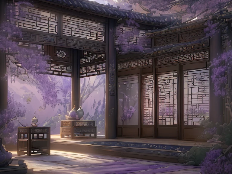 (Antique interior design), Manhwa Style,Chinese home furnishings, porch, Depth-of-fie, symmetrical design, ((Antique carved door beam, carved beam paintings, ,embroidery, screens, Purple gauze curtain home, rich details, Ancient Chinese Ming Dynasty style, Quiet and elegant atmosphere, Purple as the base tone, The painting style is delicate and soft, movie light effect, high-definition picture quality, softlighting, dingdall effect, dream-like, rich details, Refer to Gu Kaizhi, 32K, high qulity, A high resolution, (Very detailed CG unified 8k wallpaper)