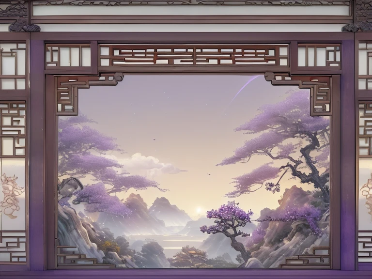 (Antique interior design), Manhwa Style,Chinese home furnishings, porch, Depth-of-fie, symmetrical design, ((Antique carved door beam, carved beam paintings, ,embroidery, screens, Purple gauze curtain home, rich details, Ancient Chinese Ming Dynasty style, Quiet and elegant atmosphere, Purple as the base tone, The painting style is delicate and soft, movie light effect, high-definition picture quality, softlighting, dingdall effect, dream-like, rich details, Refer to Gu Kaizhi, 32K, high qulity, A high resolution, (Very detailed CG unified 8k wallpaper)