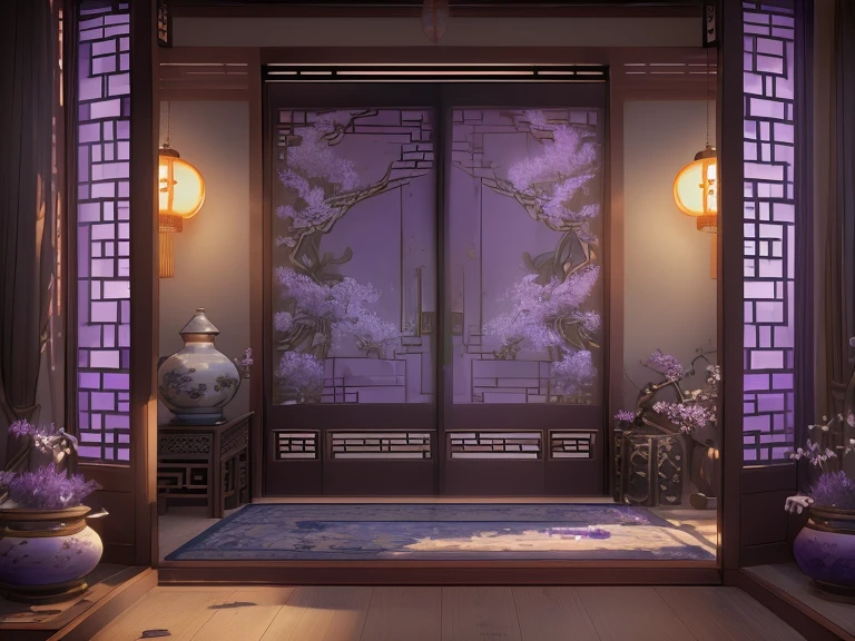 (Antique interior design), Manhwa Style，Chinese home furnishings, porch, Depth-of-fie, symmetrical design, ((Antique carved door beam, carved beam paintings,  ,embroidery, screens, Purple gauze curtain home, rich details​, Ancient Chinese Ming Dynasty style, Quiet and elegant atmosphere, Purple as the base tone, The painting style is delicate and soft, movie light effect, high-definition picture quality, softlighting, dingdall effect, dream-like, rich details​, Refer to Gu Kaizhi, 32K, high qulity, A high resolution, (Very detailed CG unified 8k wallpaper)