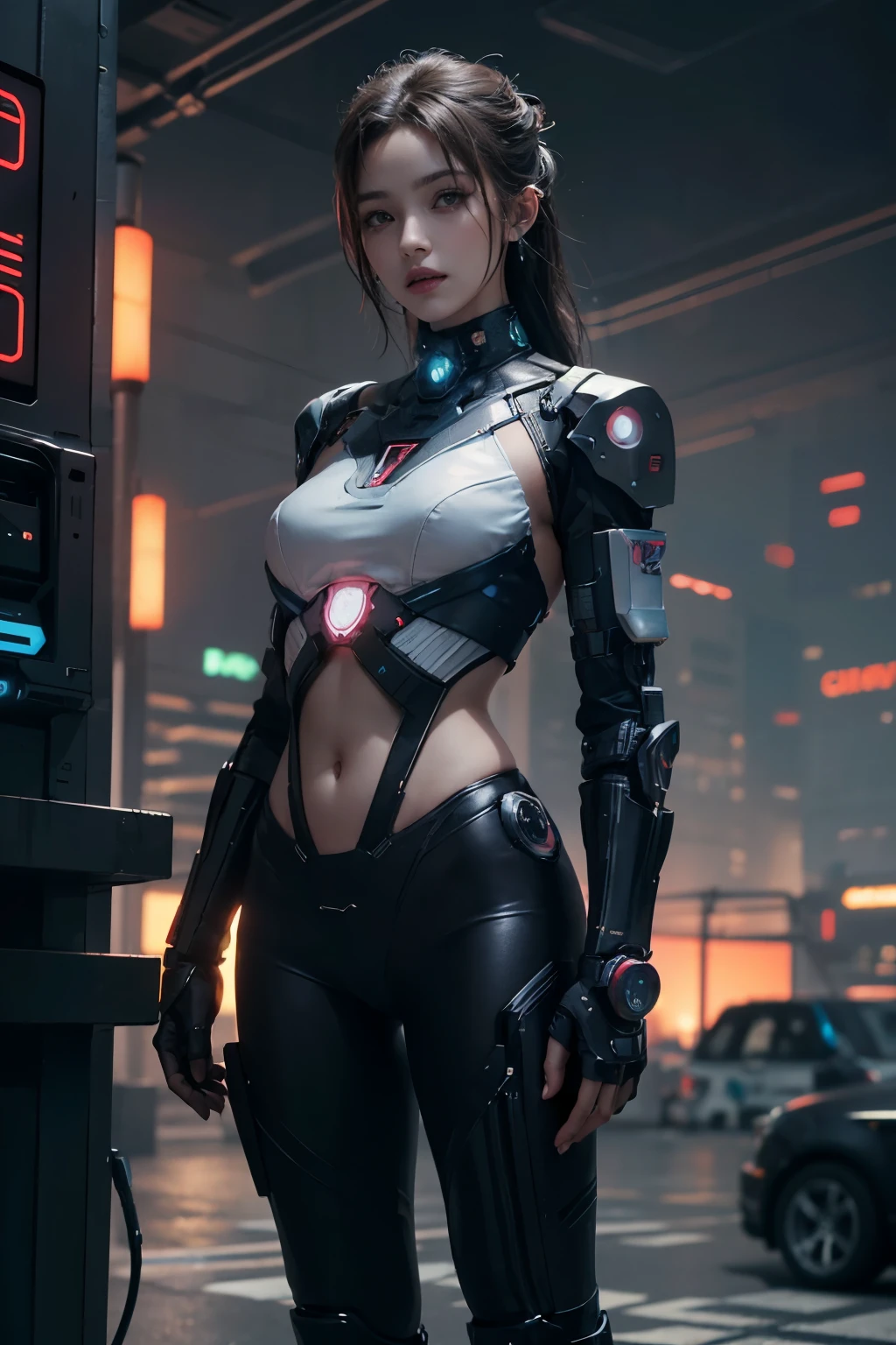 Cyberpunk girl warrior standing full-length, ((cyber implants)) ((best quality)), ((masterpiece)), ((detailed)), perfect face