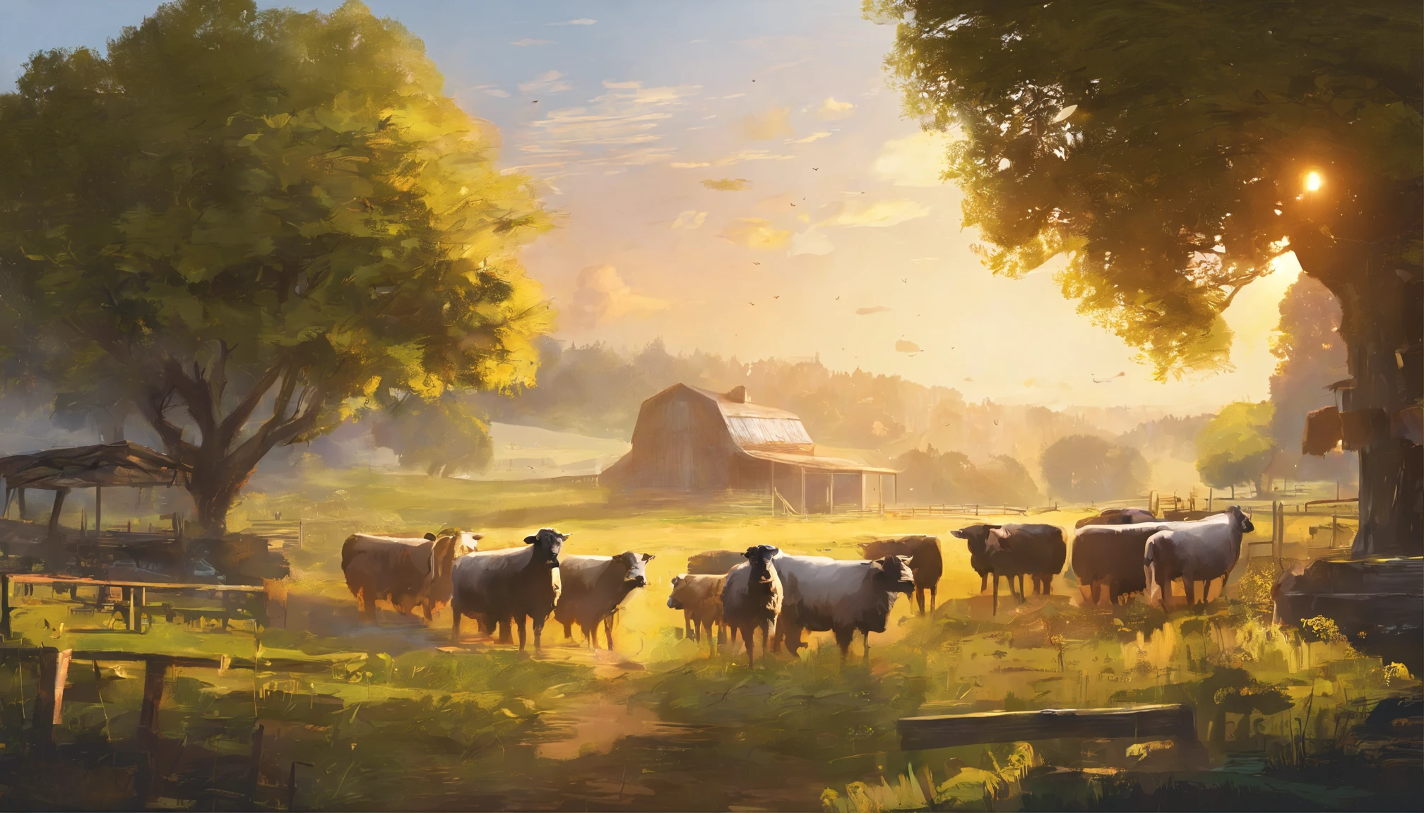Farm life,,and harmonious,adolable,the setting sun,light wind,super-fine,Hyper-realistic,8k,tmasterpiece,Detailed portrayal
