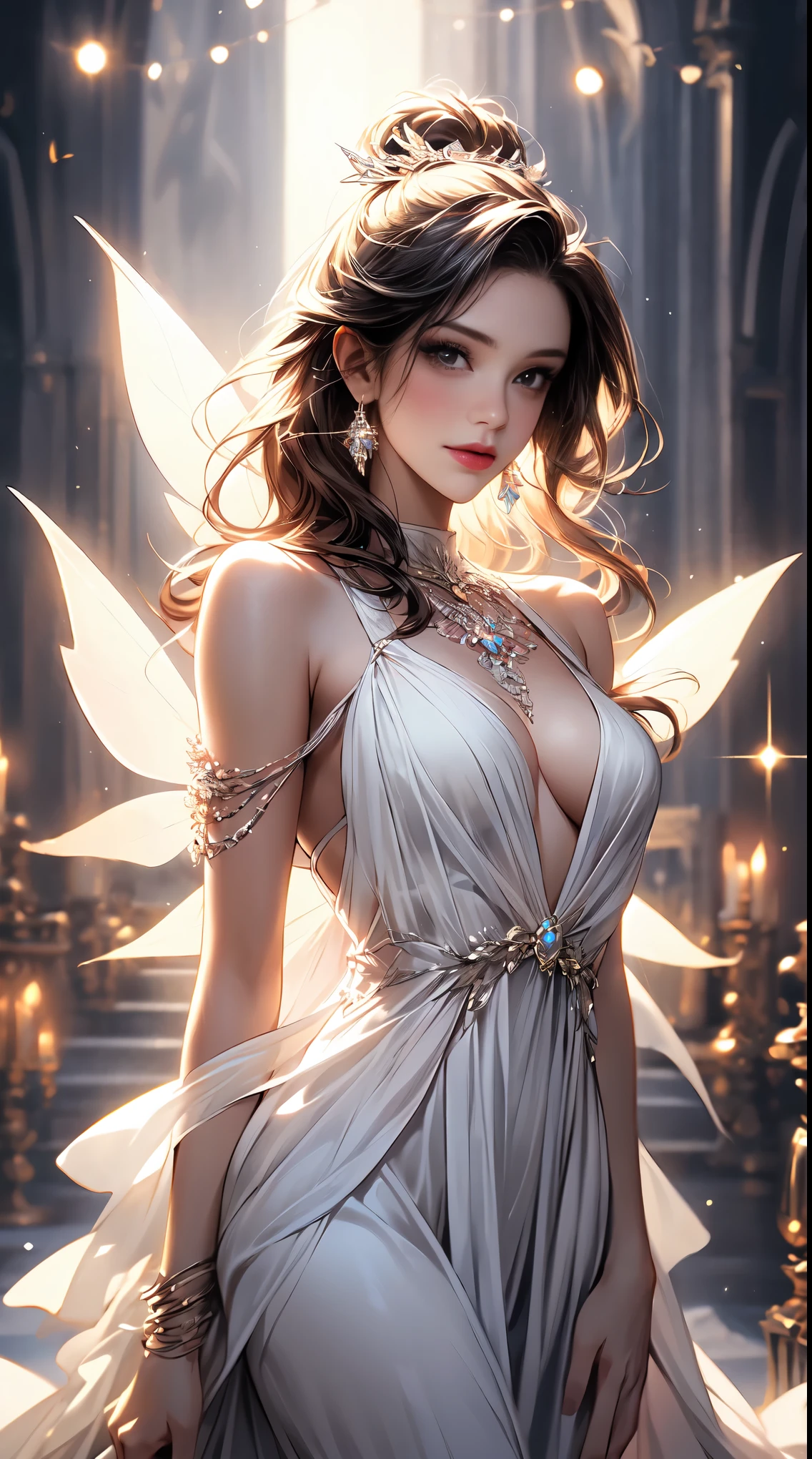 a woman in a white dress holding a sparkle ball, fairy lights,((Beautiful lips) ), Laughing, beautiful dreamy lighting, fantasy gorgeous lighting, magical lights, beautiful lit, soft lights, ethereal fairytale, ethereal lighting, fairylike, ethereal lights, fairy atmosphere, crystal lights, beautiful white lighting, dreamy lighting, soft ethereal lighting, aura of magic around her, elegant light, soft white glow, white lights