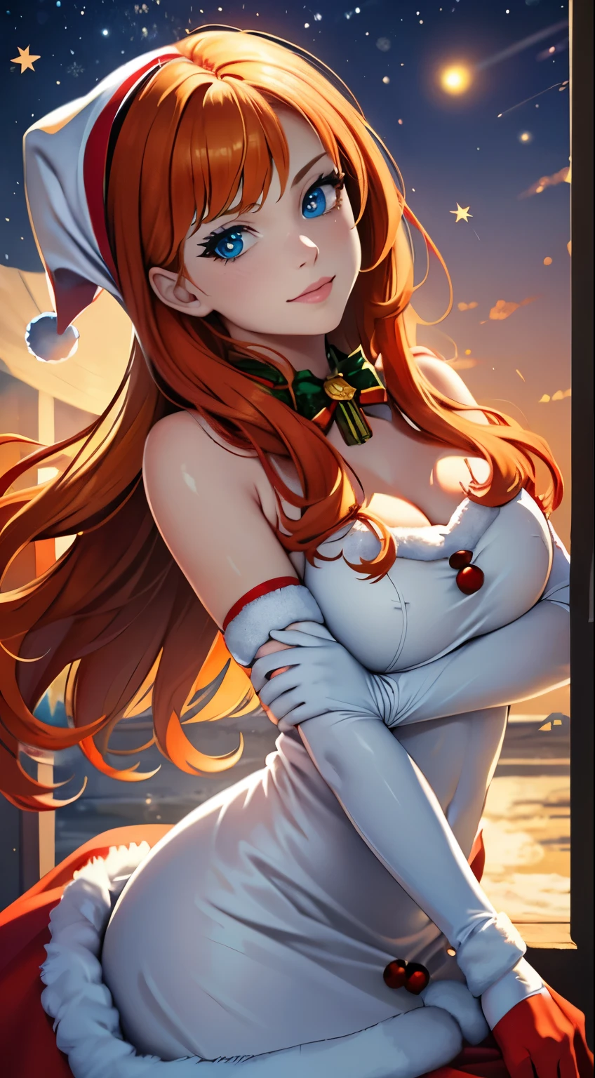 1girl, solo, masterpiece, best quality, high res, highly detailed, (illustration), beautiful detailed eyes, annette_war, orange hair , long hair,blue eyes ,glossy lips, light makeup, light smile, long white satin elbow gloves ,cowboy shot, (santa), red santa dress