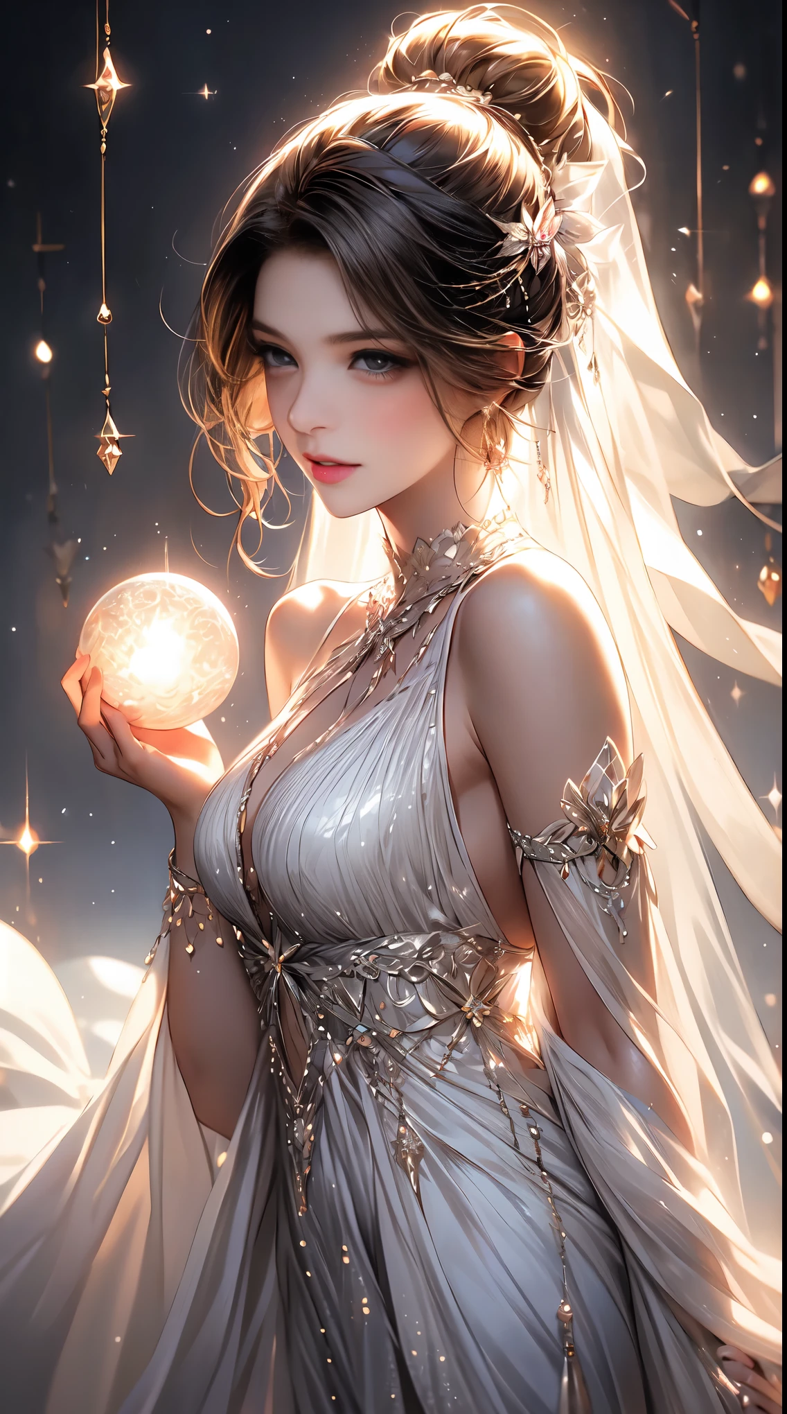 a woman in a white dress holding a sparkle ball, fairy lights,((Beautiful lips) ), Laughing, beautiful dreamy lighting, fantasy gorgeous lighting, magical lights, beautiful lit, soft lights, ethereal fairytale, ethereal lighting, fairylike, ethereal lights, fairy atmosphere, crystal lights, beautiful white lighting, dreamy lighting, soft ethereal lighting, aura of magic around her, elegant light, soft white glow, white lights