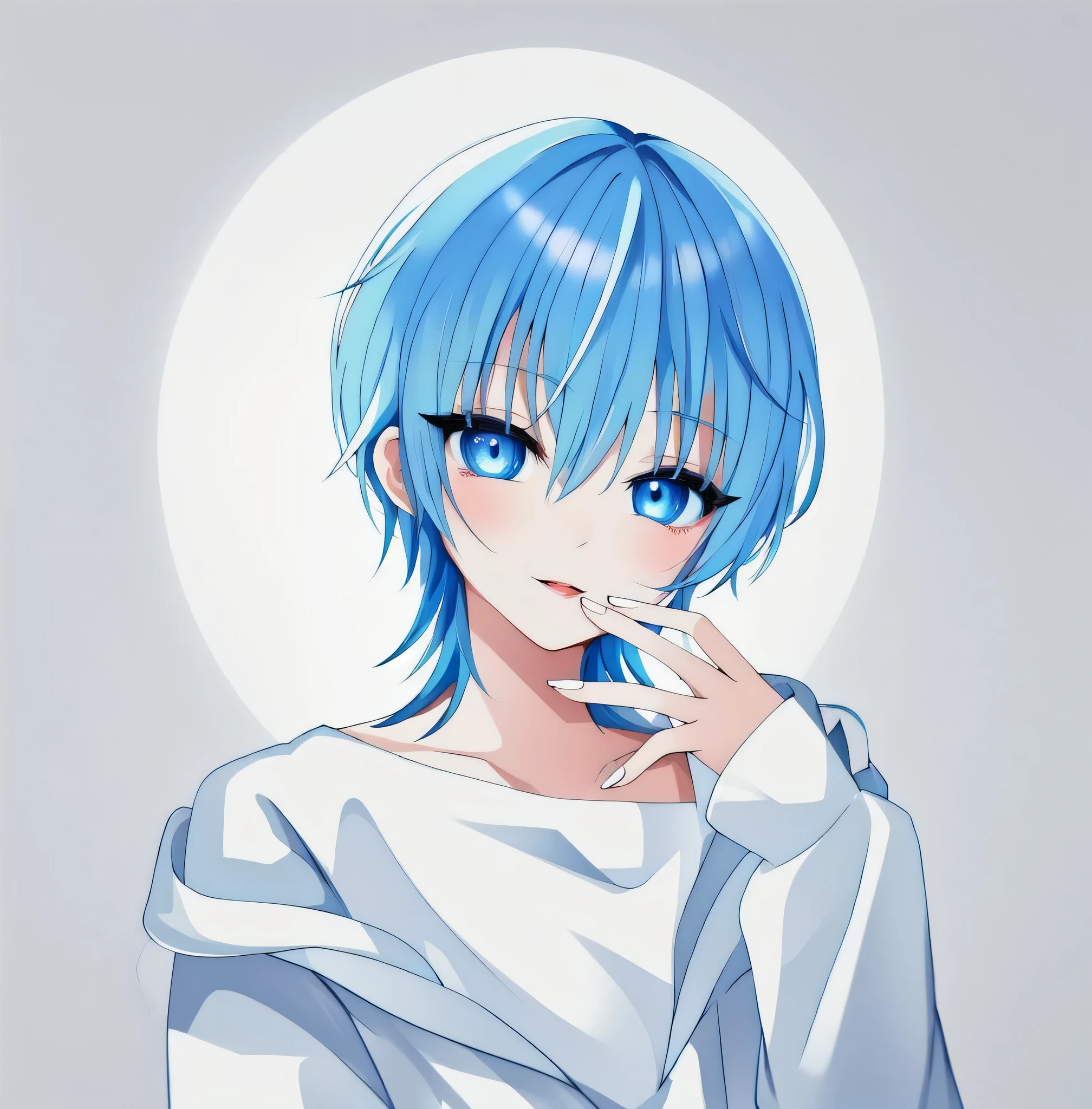 (masutepiece)、(top-quality)、((anime fill 1.3))、Blue hair、white clothes、Simple illustration、white backgrounid、((Detailed beautiful eyes))、(Colorful eyes)、(Clear eyes)、((simple anime coloring book))、anime screen cap、black outlines、Sharp Focus、intense shadow