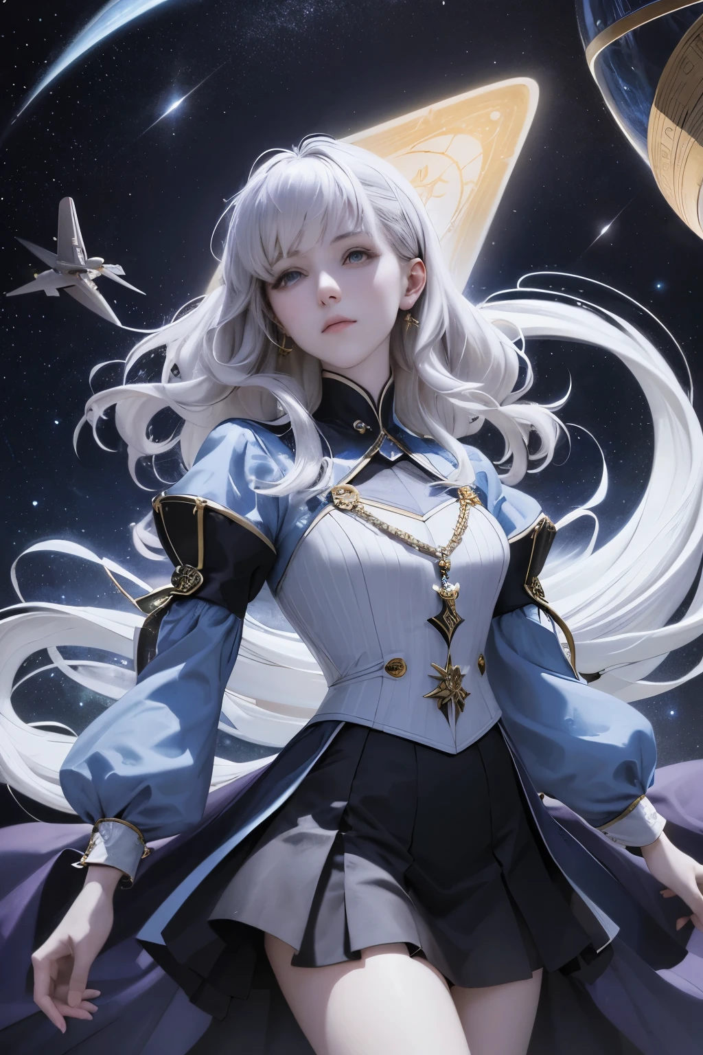 Charles Robinson, Erna Rosenstein, Surreal, mysterious, strange, fantastical, fantasy, Sci-fi, Japanese anime, celestialism, cosmology, planes, cosmos, telescope, stars and constellations, solar system, galaxy, aquarium called Earth's night, miniskirt beautiful girl, perfect voluminous body, detailed masterpiece