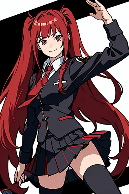(masterpiece, best quality:1.2),illustration,8k,hd,1girl,full design,smile,long_hair,red_eyes,ribbon,twintails,school_uniform,hair_ribbon,red_hair,serafuku,two_side_up,black_ribbon,pleated_skirt,large_breasts,long_sleeves,black_thighhighs,zettai_ryouiki,black_skirt,necktie, mio naruse