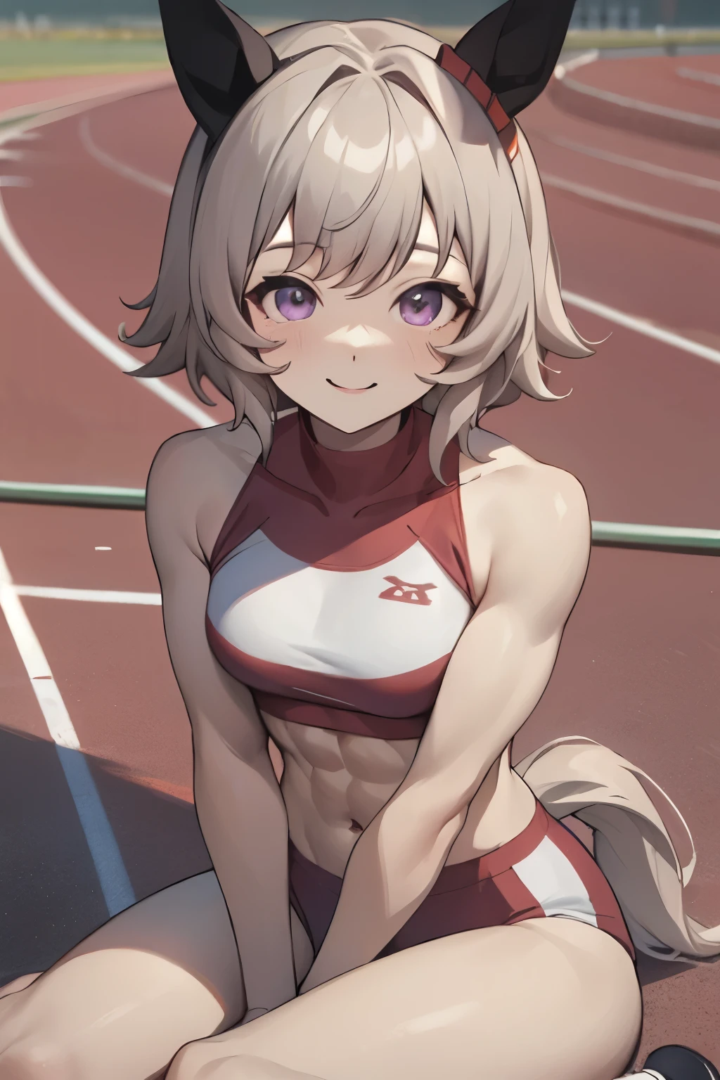 curren chan\(umamusume\), ((ultra-detailed face)), beautiful face, masterpiece, best quality, muscular, rikujou, athletics track, horse tail, abs, smile, hands between legs