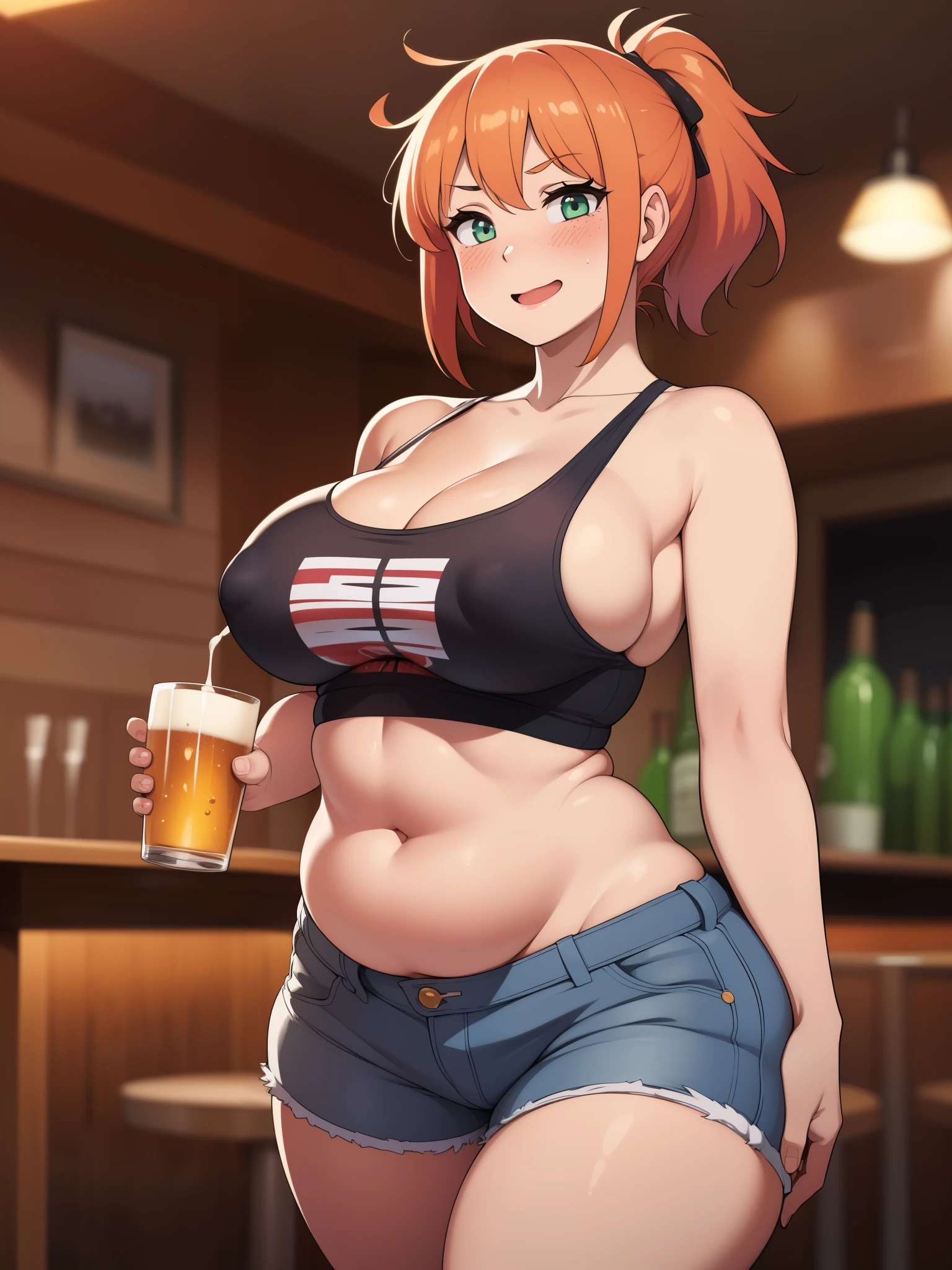 ((Masterpiece)), perfect anatomy, perfect shading, field of depth, (best quality), extremely delicate and beautiful, perfect lighting, detailed face, ultra cute face, cute, (cowboy shot 1.2), full body, (((1girl))), ((solo)), looking at viewer,
short hair, ponytail, orange hair, green eyes, freckle, ((((blush)))), (drunk), seductive smile, (white tank top 1.5), (short shorts 1.5), extremely tight clothes, medium breasts, cleavage, perky breasts, ((wide hips)), ((thick thighs)), (((chubby))), belly bulge, belly hang, fat folds
Irish pub, intricate background, detailed background, hand on hip, ((belly grab)), has a glass of beer